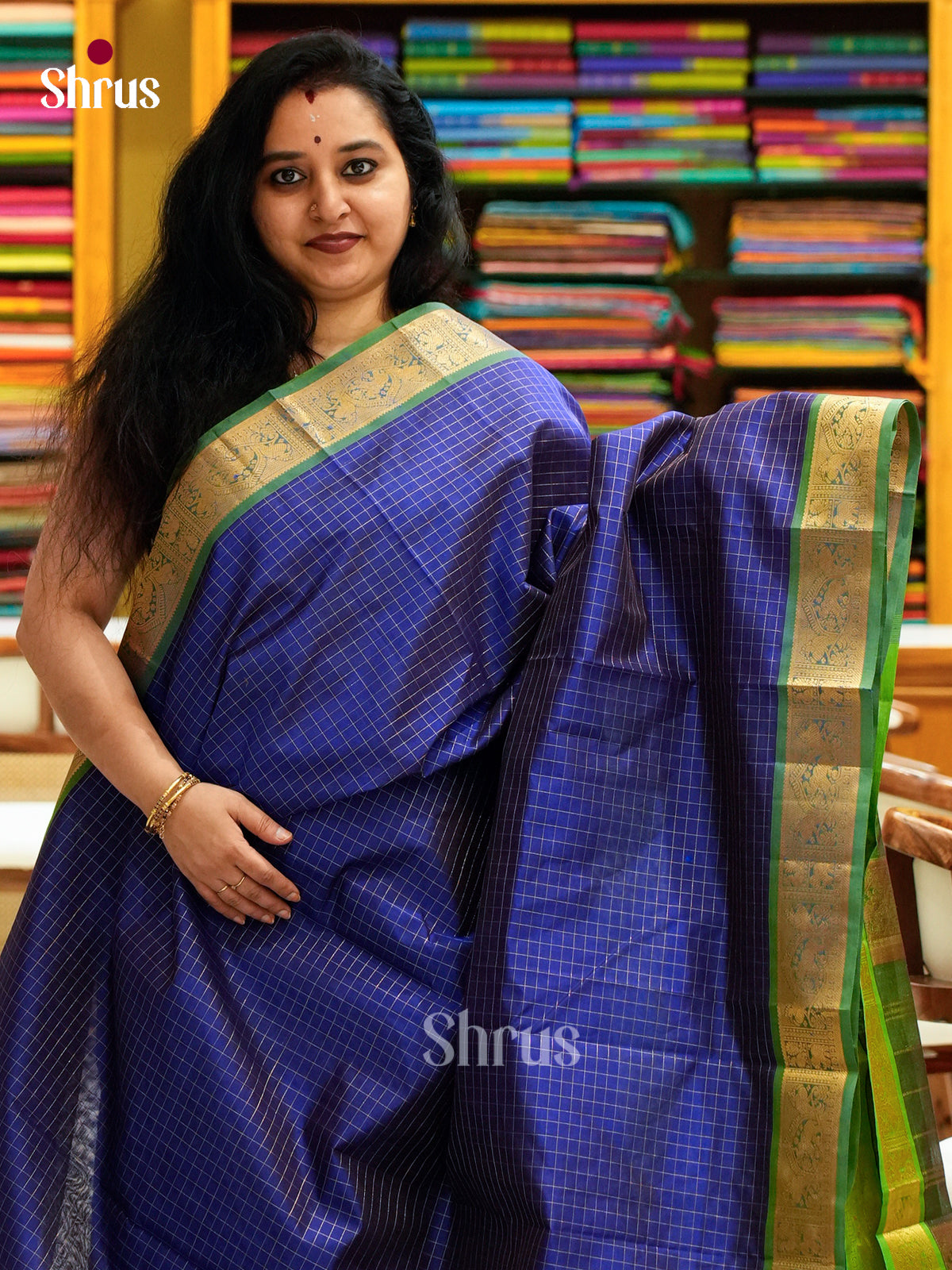 Royal Blue Silk Cotton Saree with Checks | Green Contrast Border