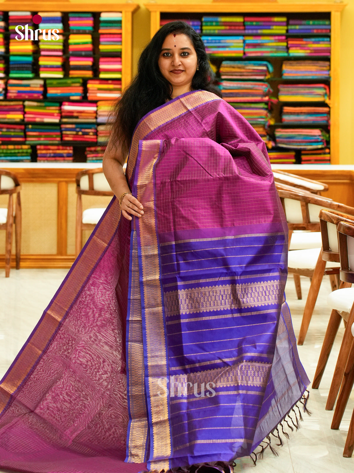 Pink Silk Cotton Saree with Checks | Royal Blue Contrast Border