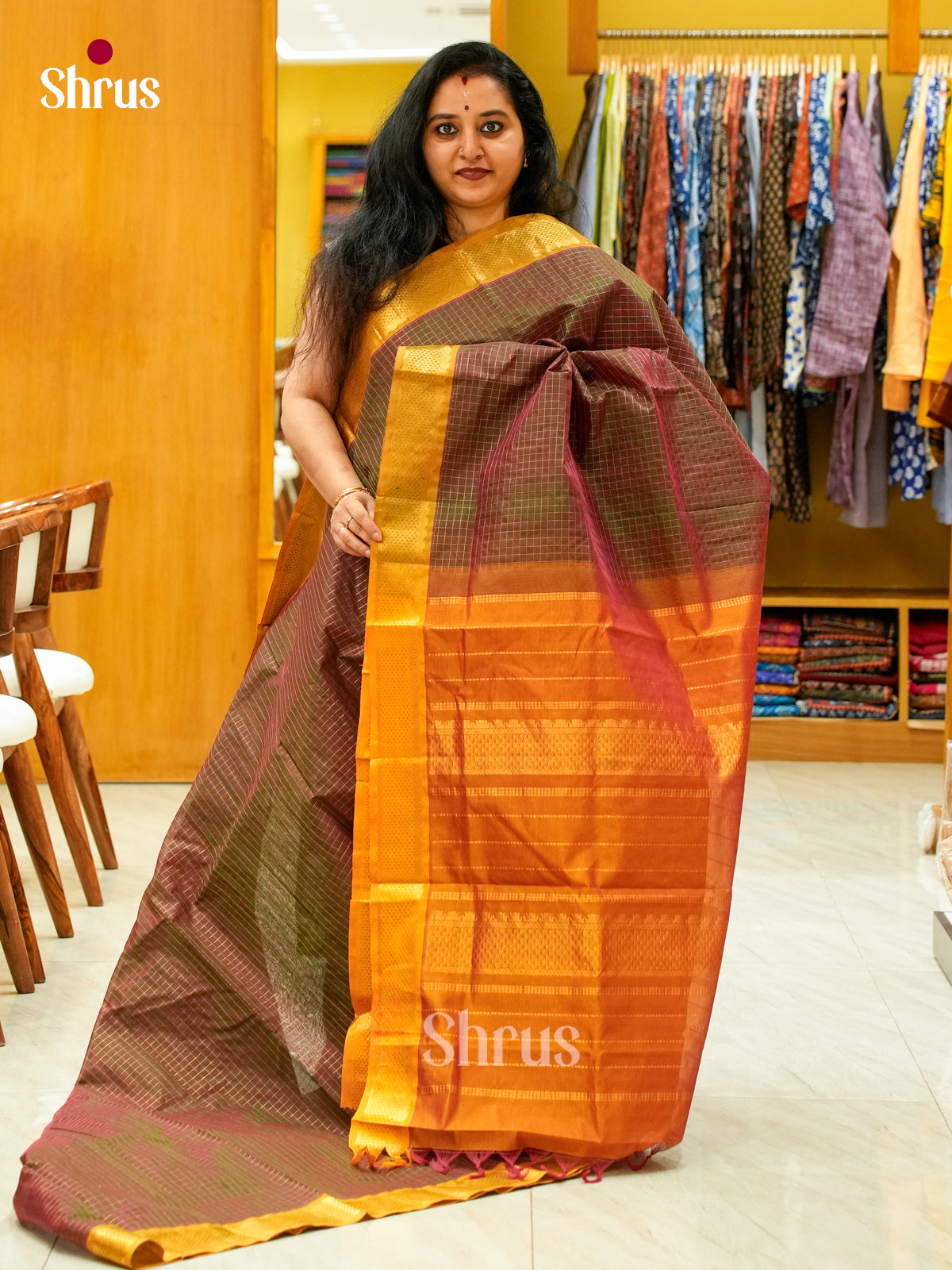 Dual Tone [Color] Silk Cotton Saree with Checks | Mustard Contrast Border