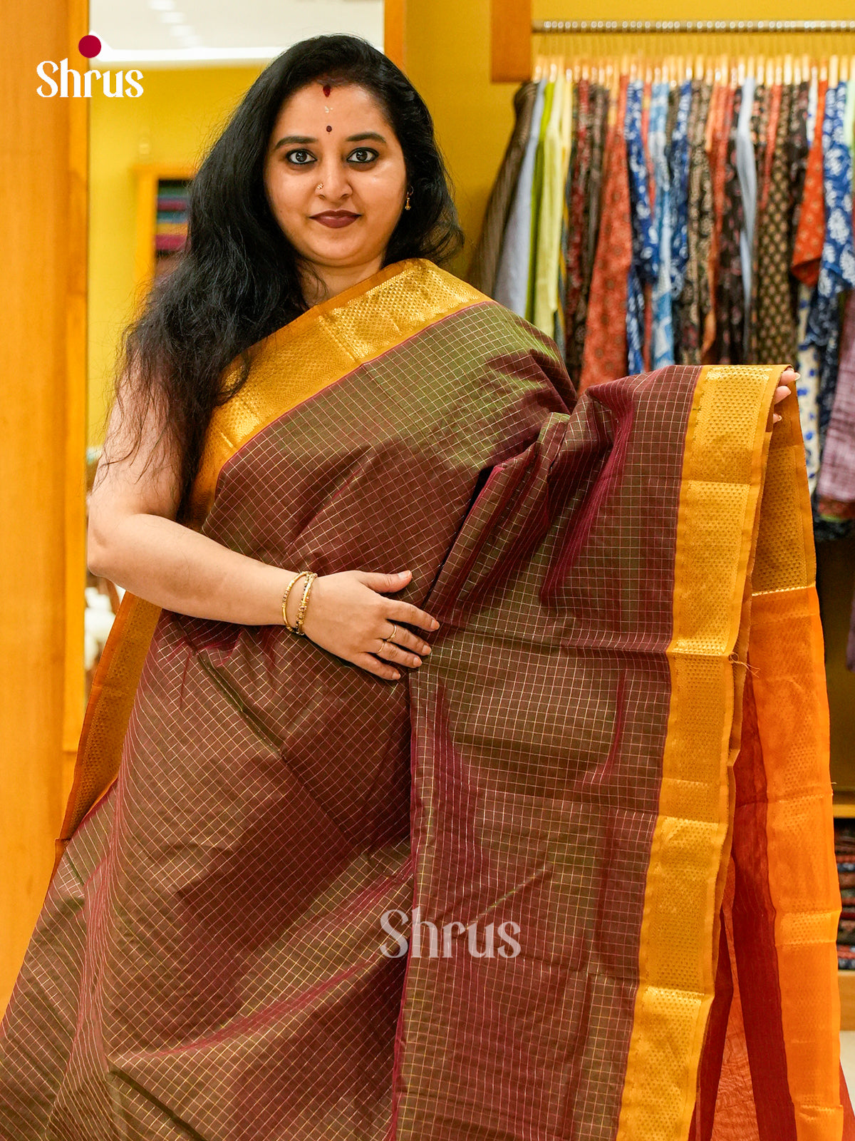 Dual Tone [Color] Silk Cotton Saree with Checks | Mustard Contrast Border