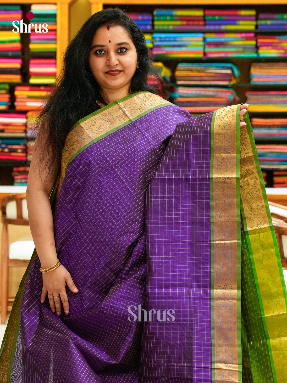 Violet Silk Cotton Saree with Checks | Green Contrast Border