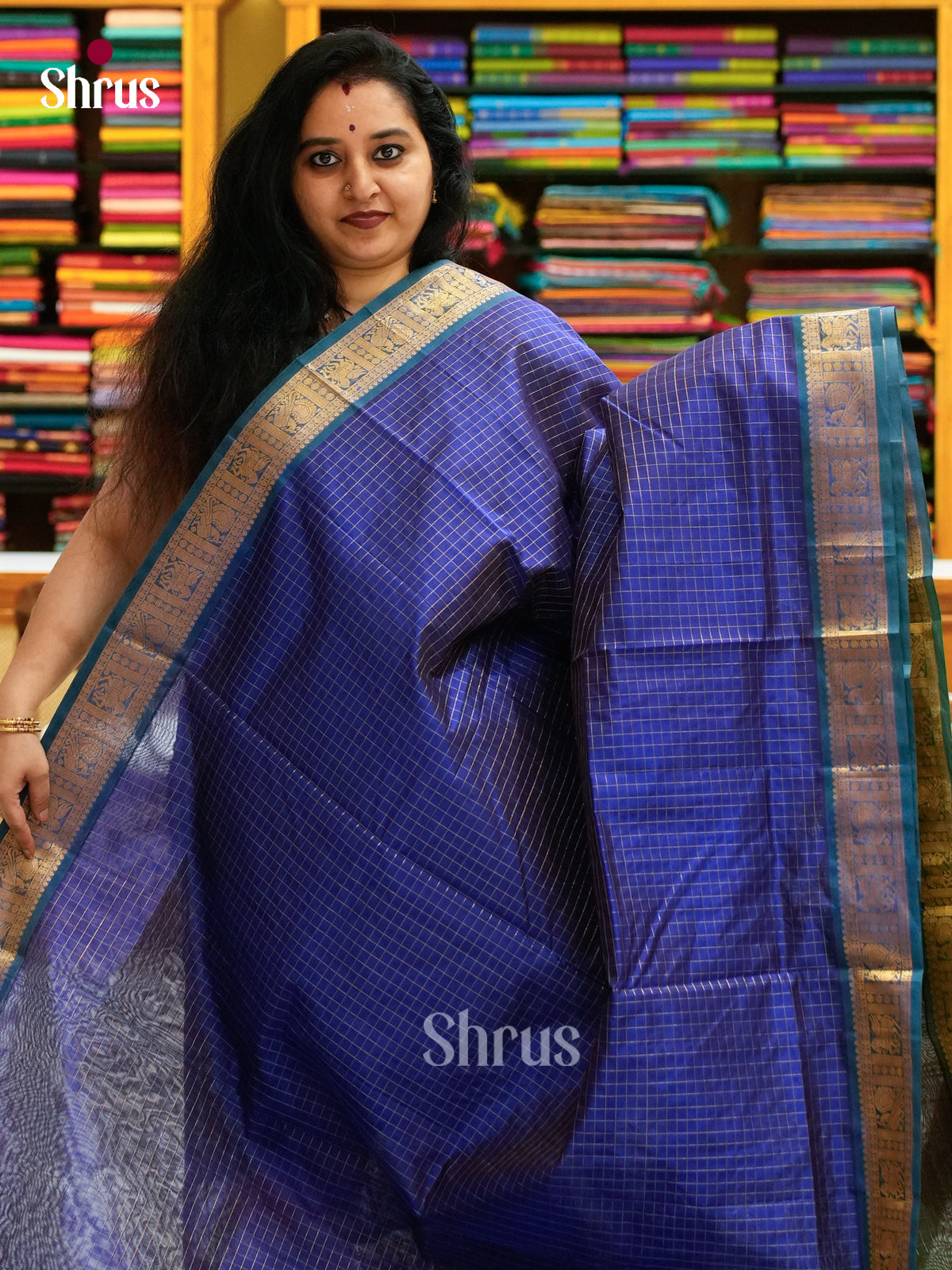 Blue Silk Cotton Saree with Checks | Bottle Green Contrast Border