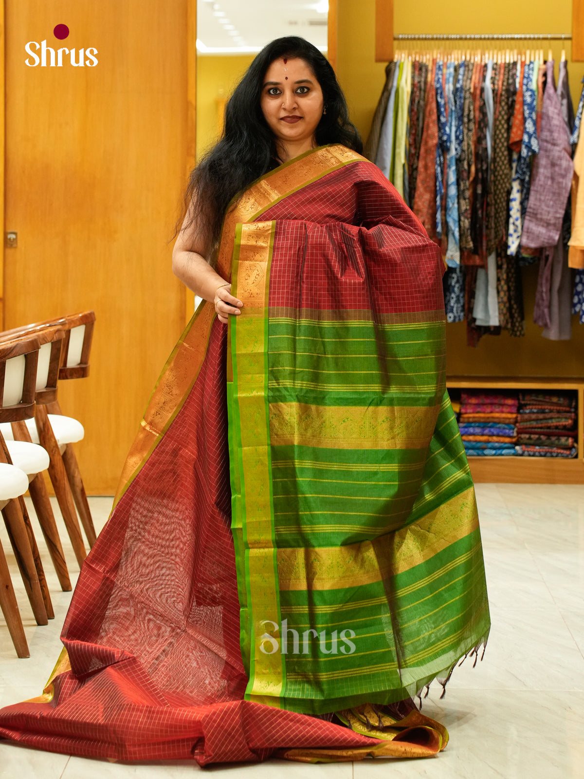 Maroon Silk Cotton Saree with Checks | Green Contrast Border