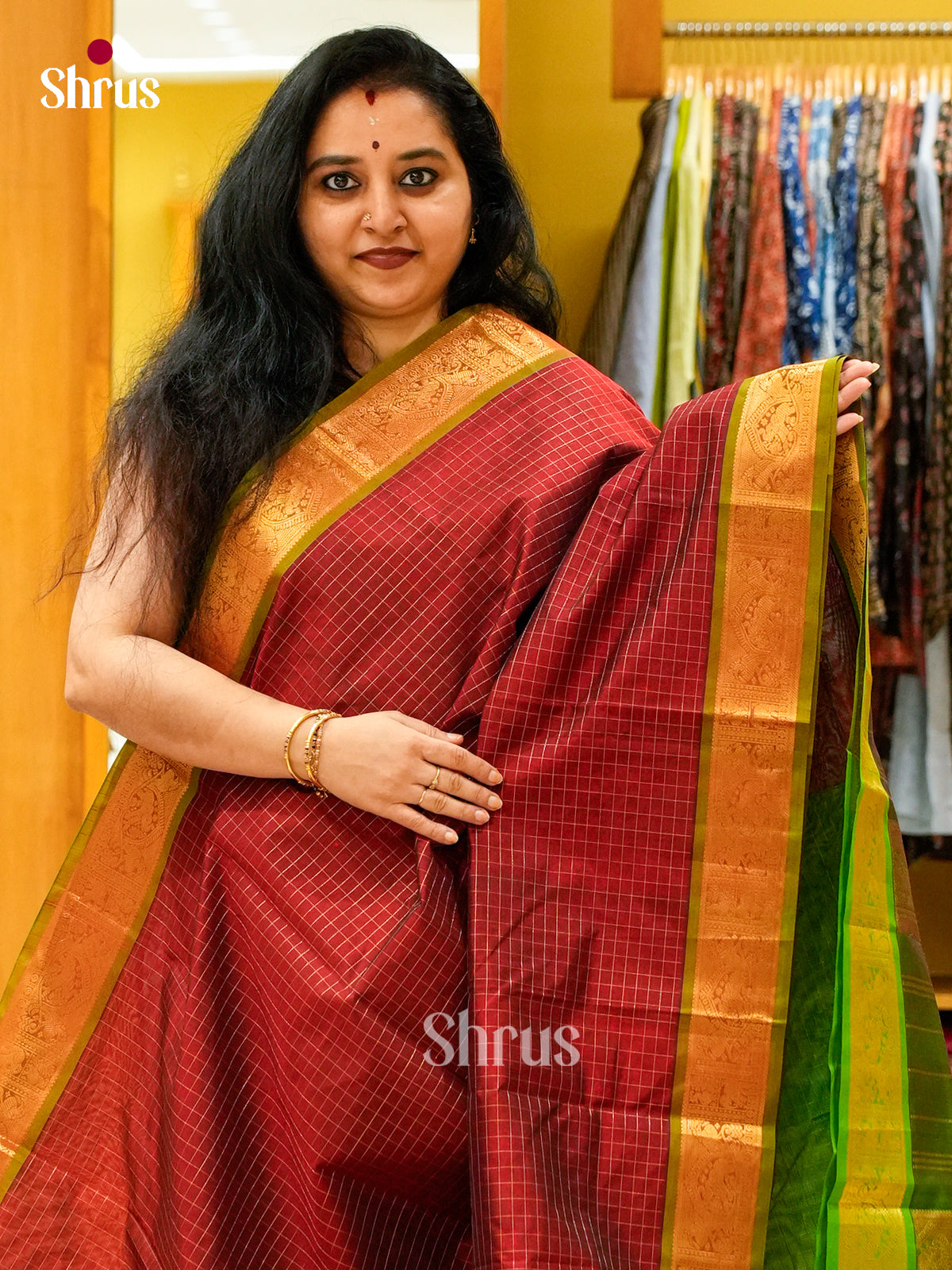 Maroon Silk Cotton Saree with Checks | Green Contrast Border