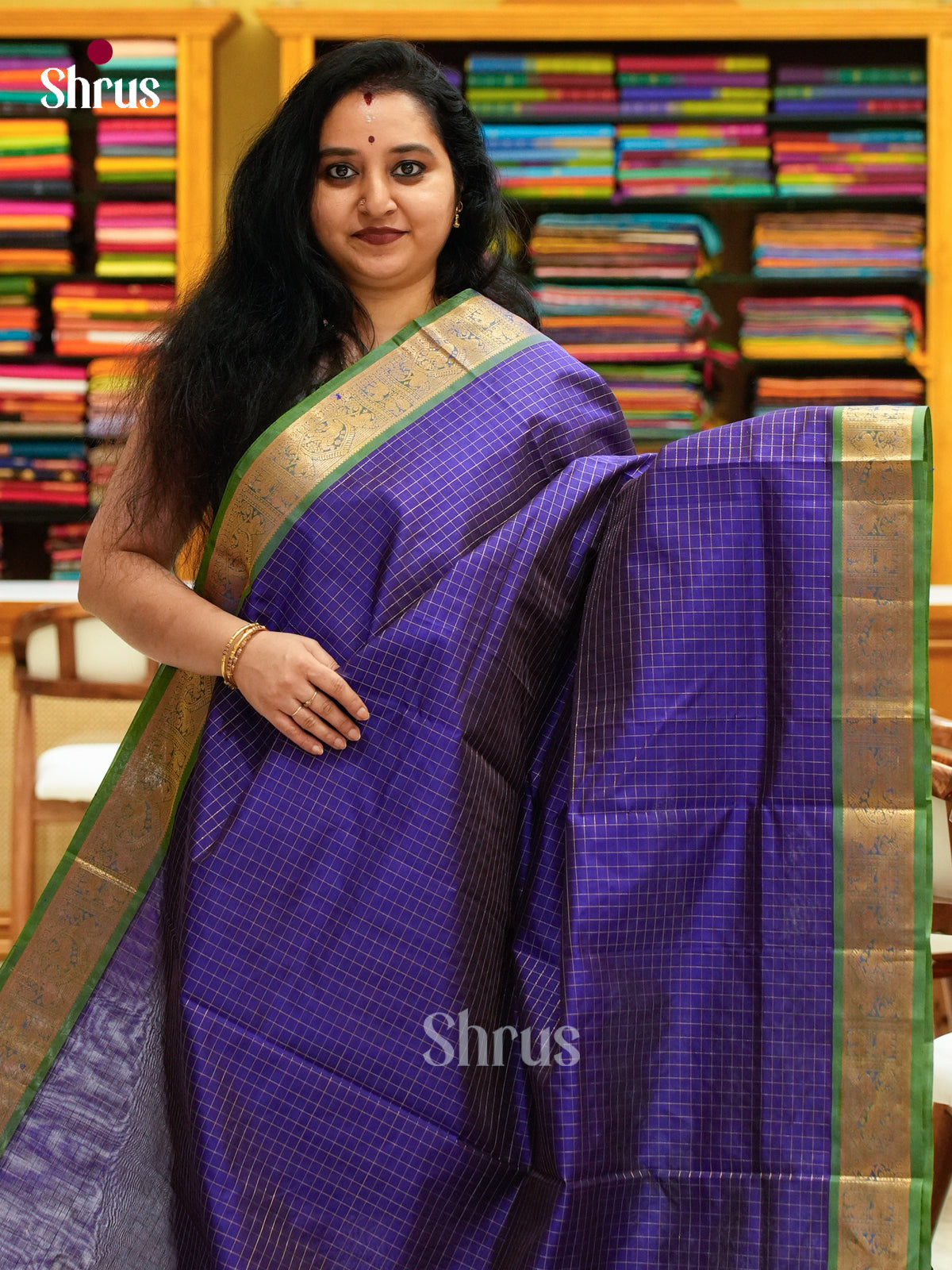 Blue Silk Cotton Saree with Checks | Green Contrast Border