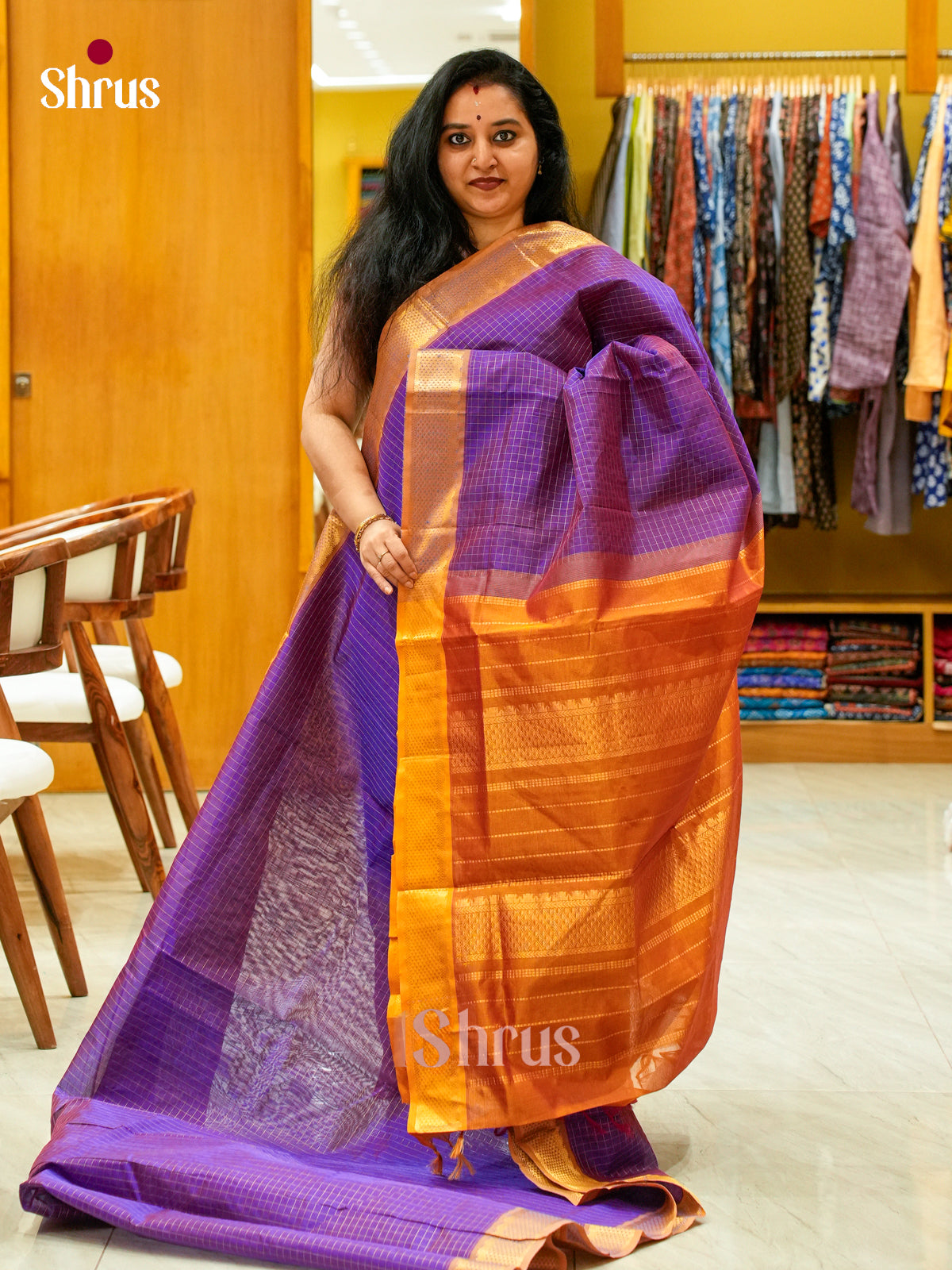 Violet Silk Cotton Saree with Checks | Mustard Contrast Border — Contrast Zari Border
