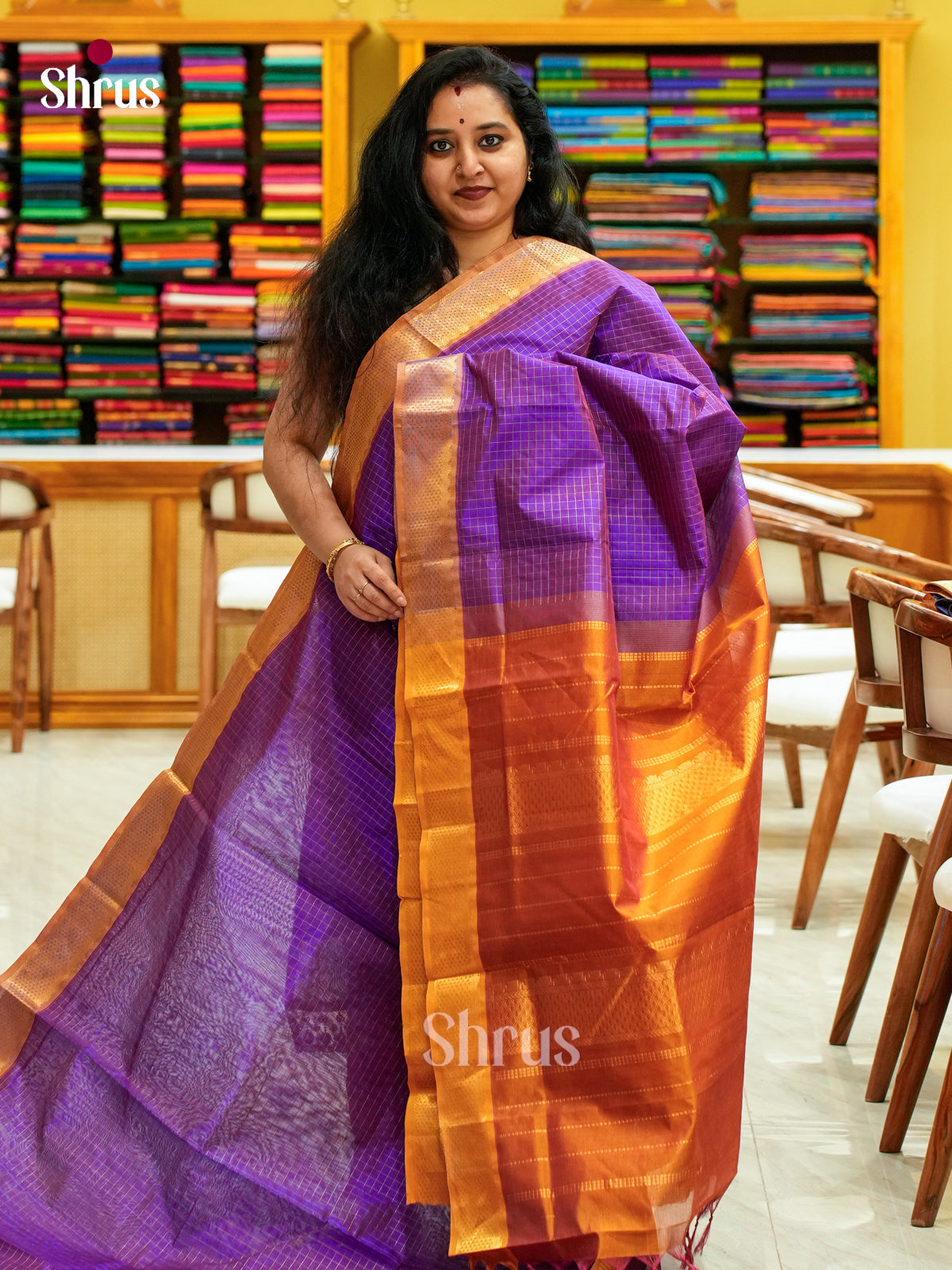 Violet Silk Cotton Saree with Checks | Mustard Contrast Border