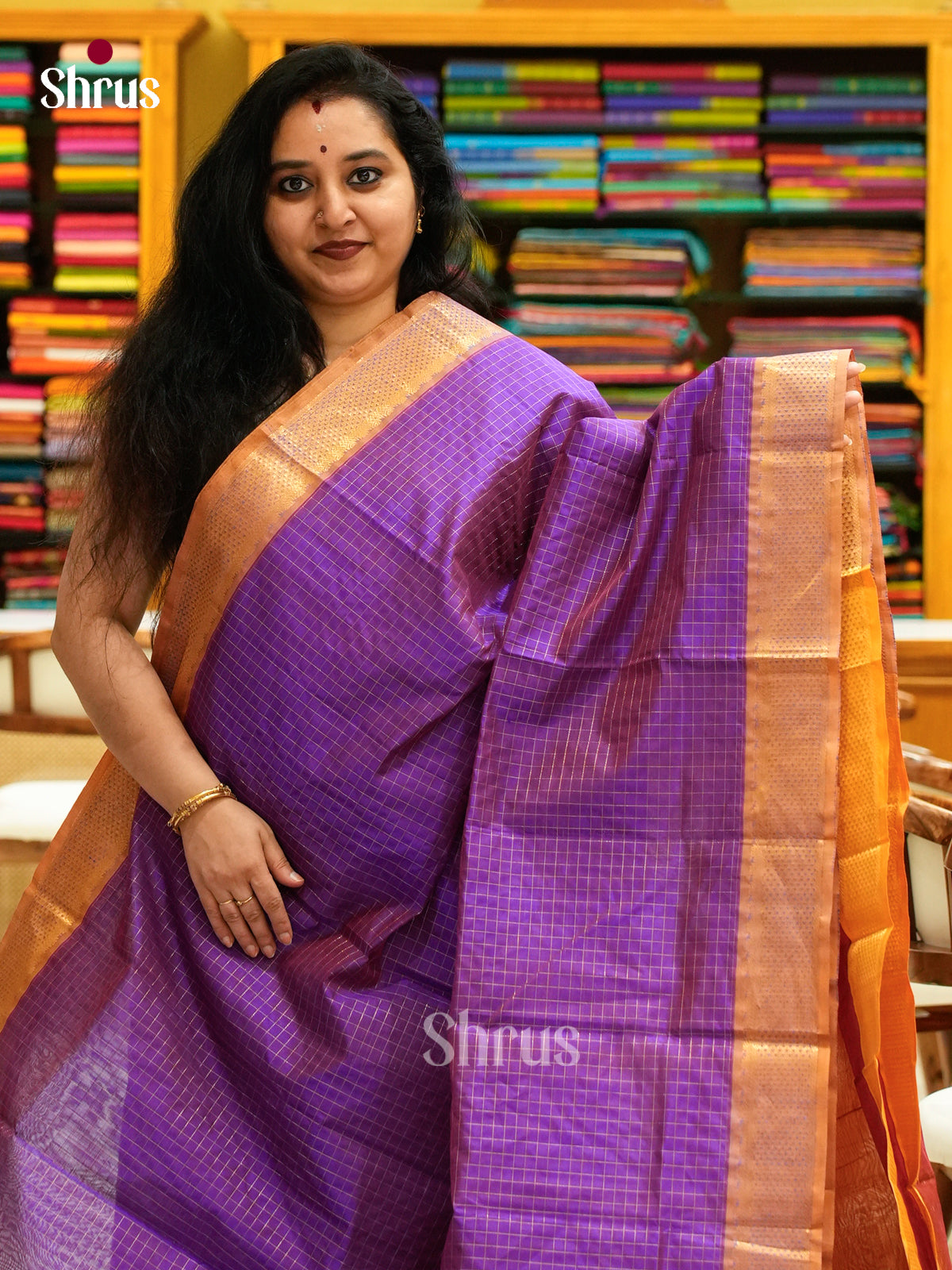Violet Silk Cotton Saree with Checks | Mustard Contrast Border