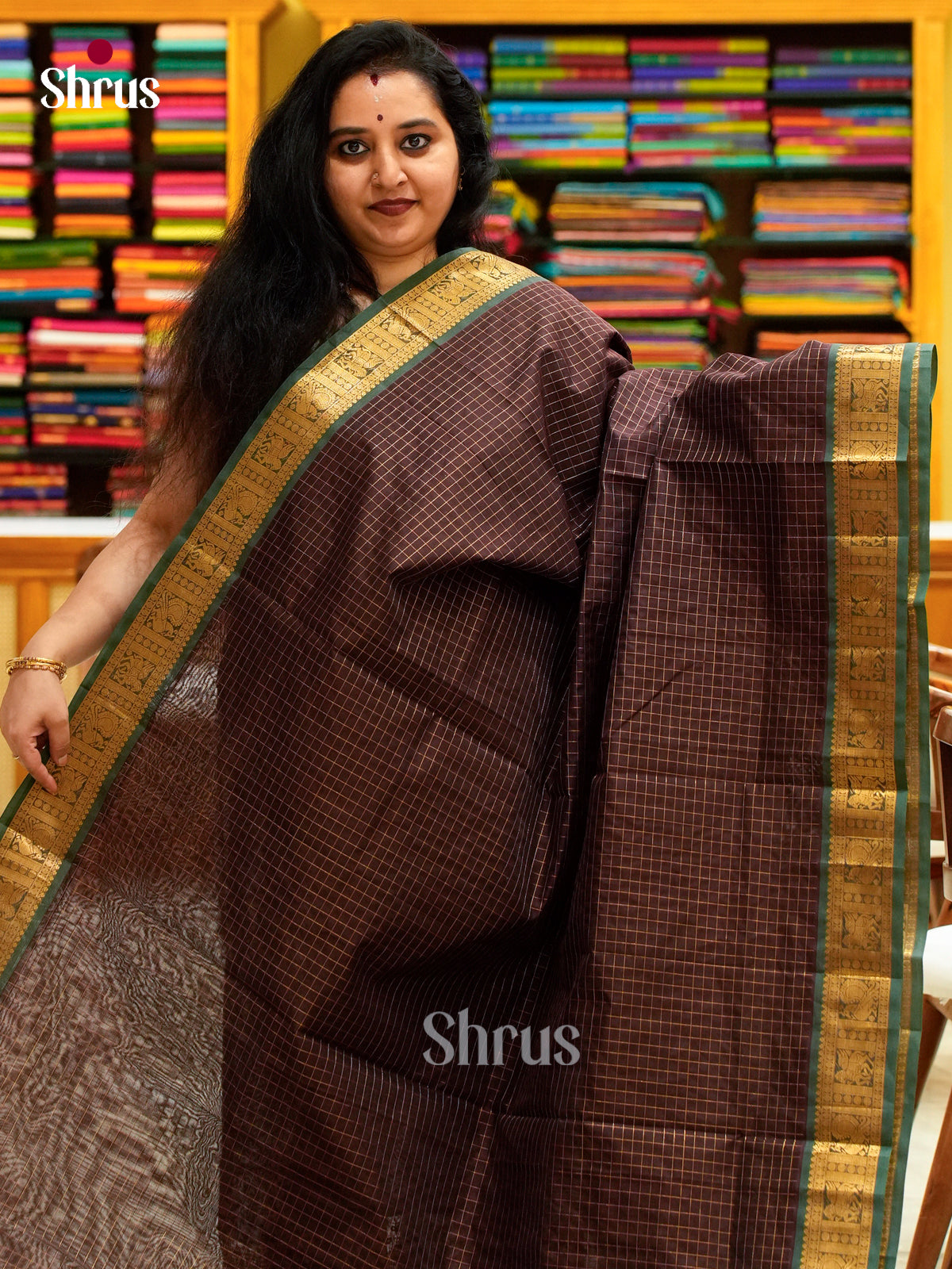Dark Brown Silk Cotton Saree with Checks | Bottle Green Contrast Border
