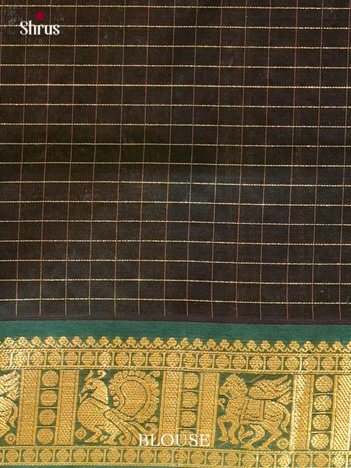 Dark Brown Silk Cotton Saree with Checks | Bottle Green Contrast Border