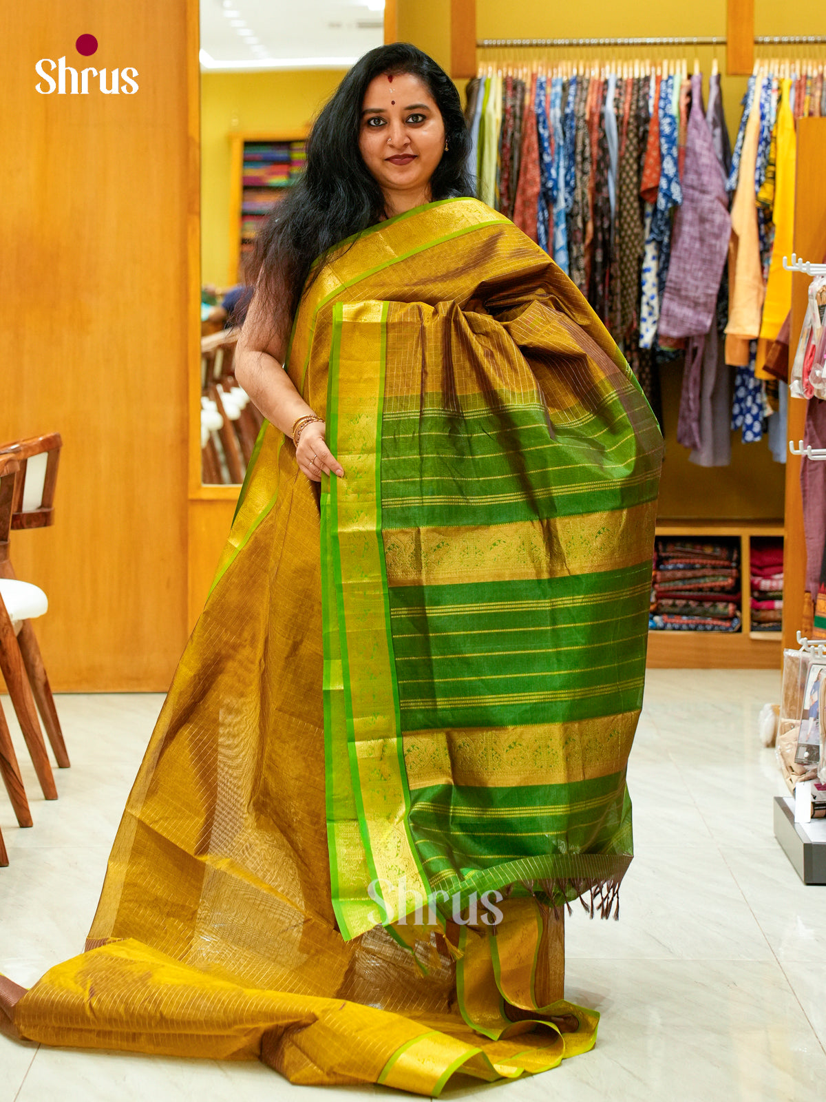 Mehandi Green Silk Cotton Saree with Checks | Green Contrast Border