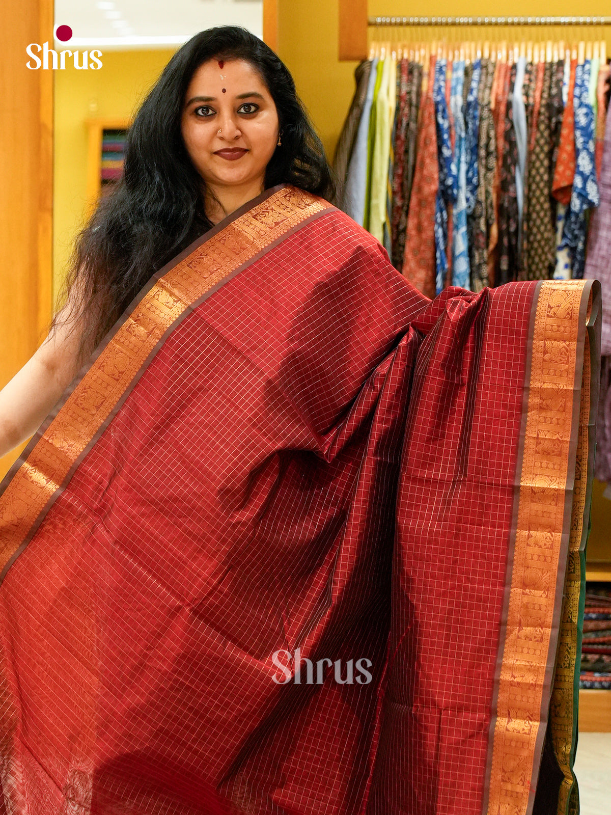 Maroon Silk Cotton Saree with Checks | Dark Green Contrast Border