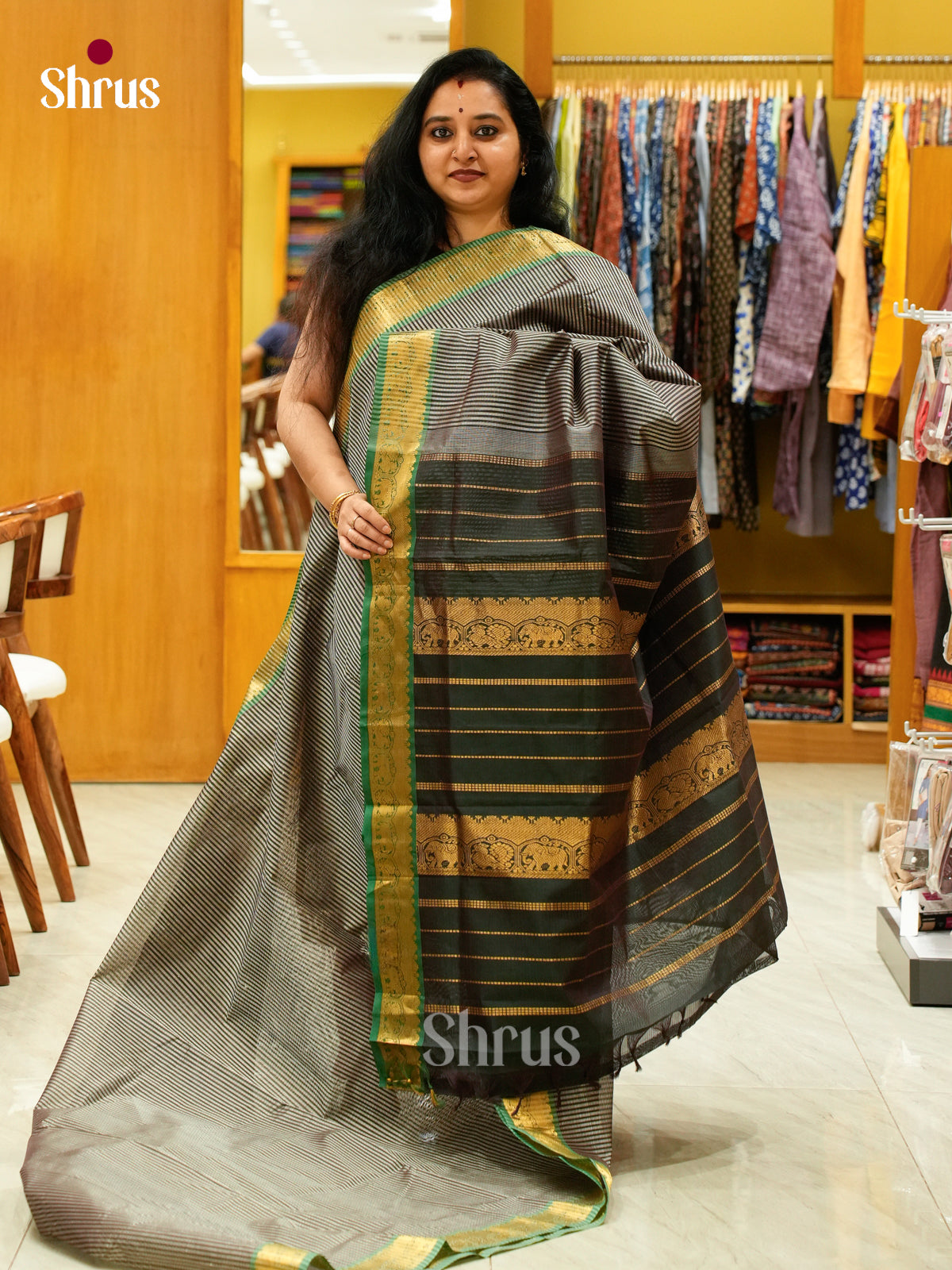 Grey Silk Cotton Saree with Lines and Vaira Oosi | Bottle Green Contrast Border
