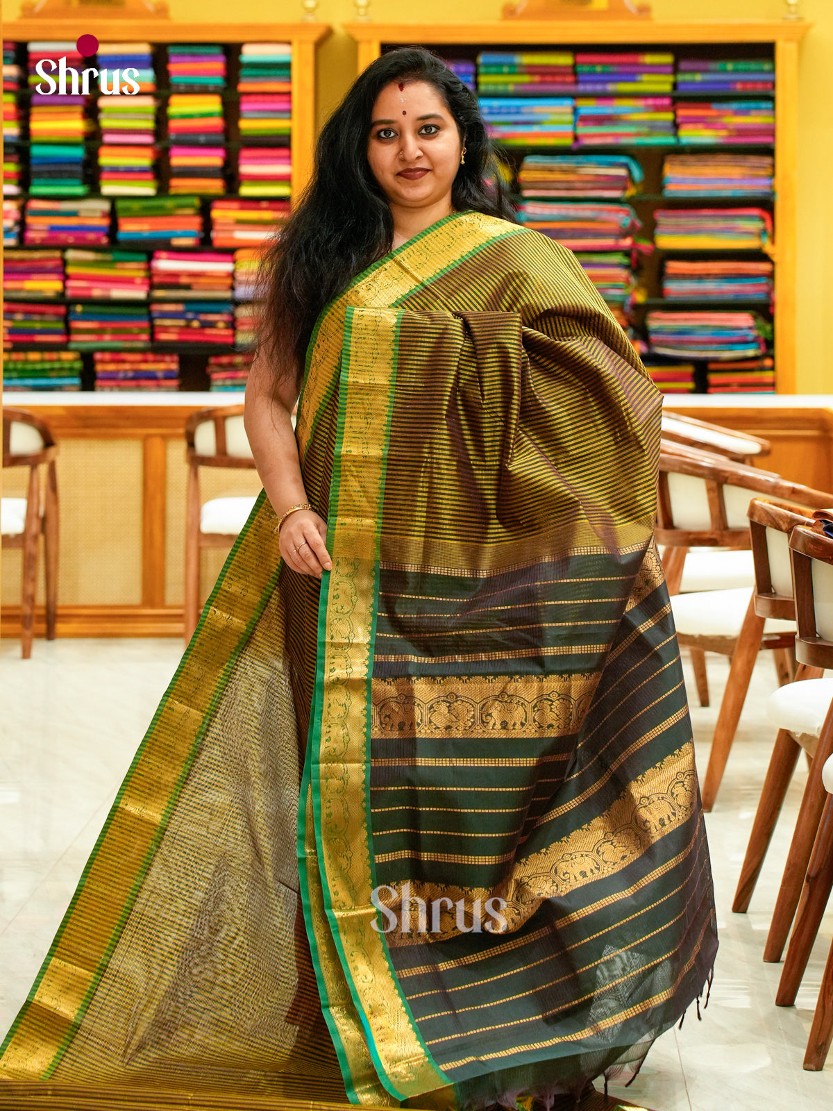 Dual Tone [Color] Silk Cotton Saree with Lines and Vaira oosi | Bottle Green Contrast Border