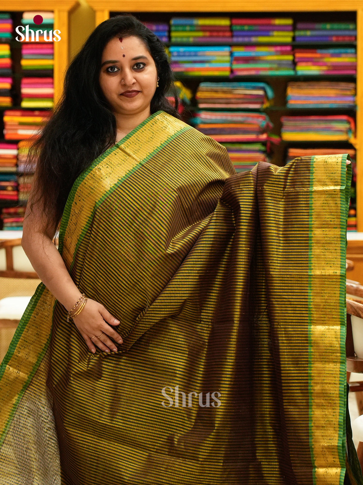 Dual Tone [Color] Silk Cotton Saree with Lines and Vaira oosi | Bottle Green Contrast Border
