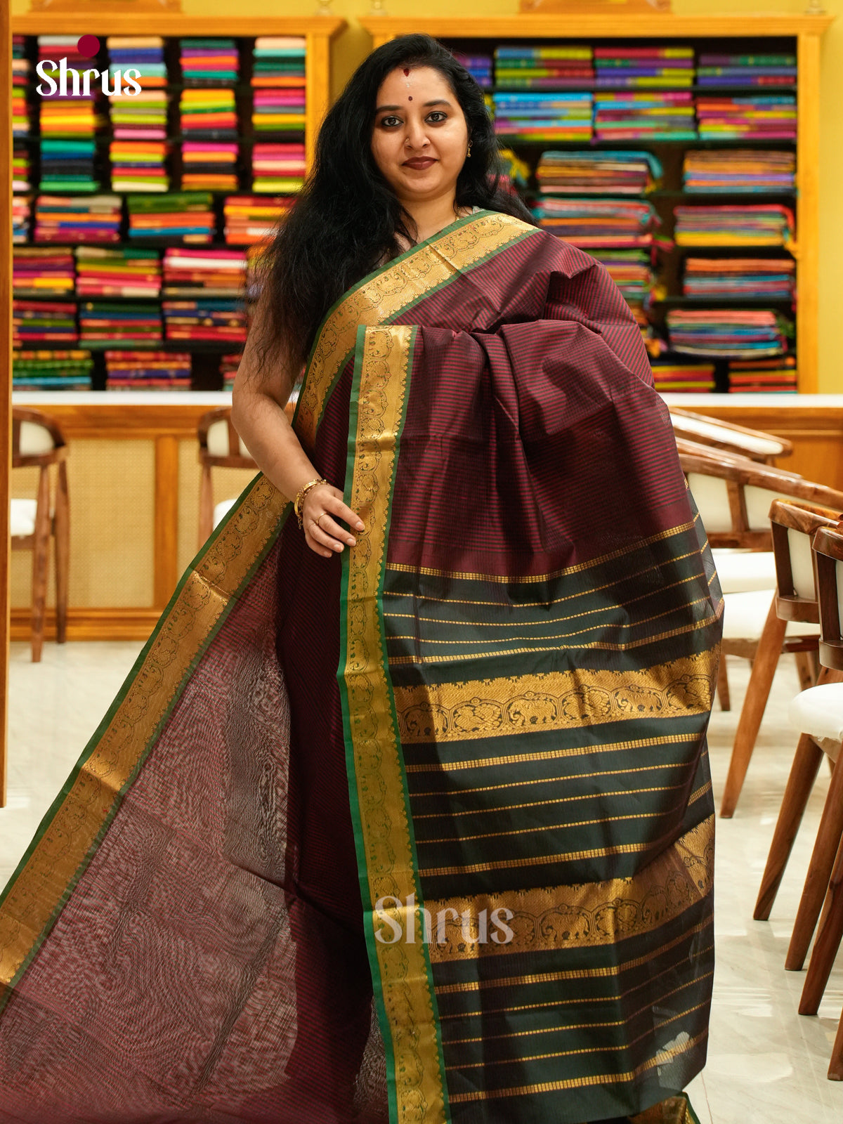Dark Maroon Silk Cotton Saree with Lines and Vaira Oosi | Bottle Green Contrast Border