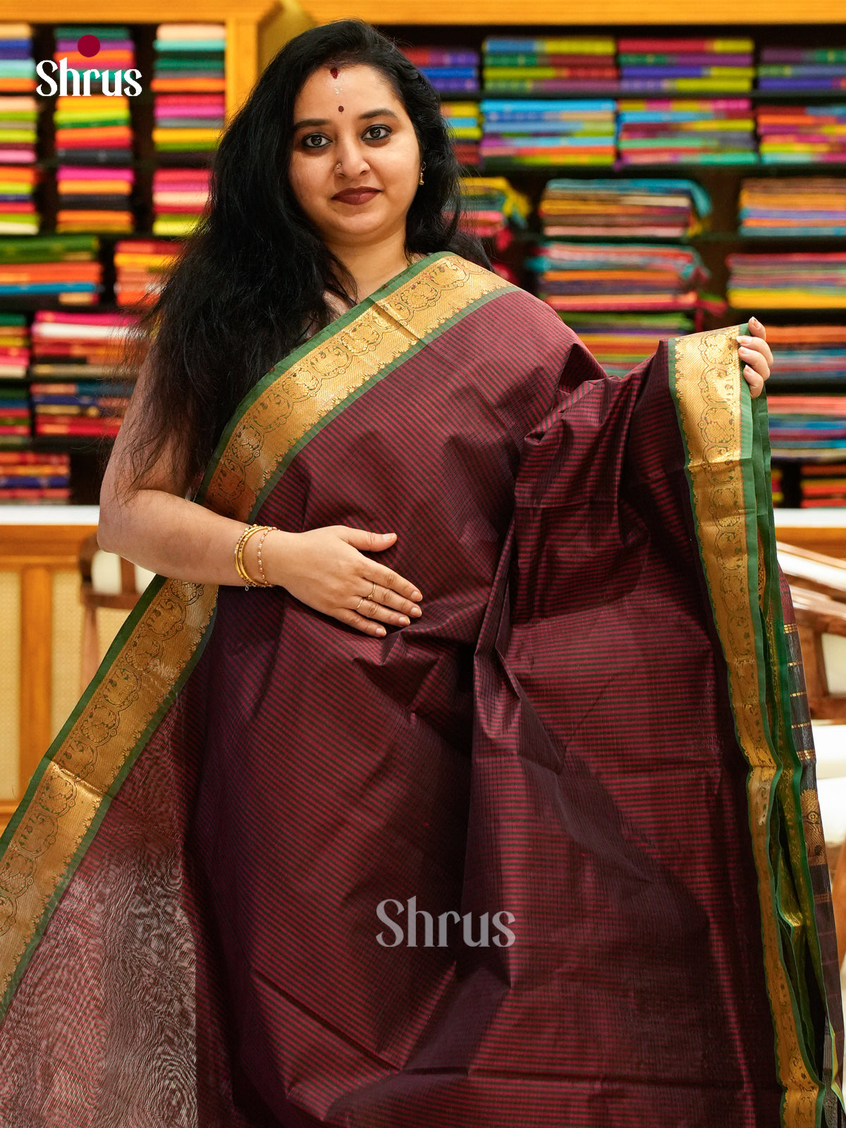 Dark Maroon Silk Cotton Saree with Lines and Vaira Oosi | Bottle Green Contrast Border