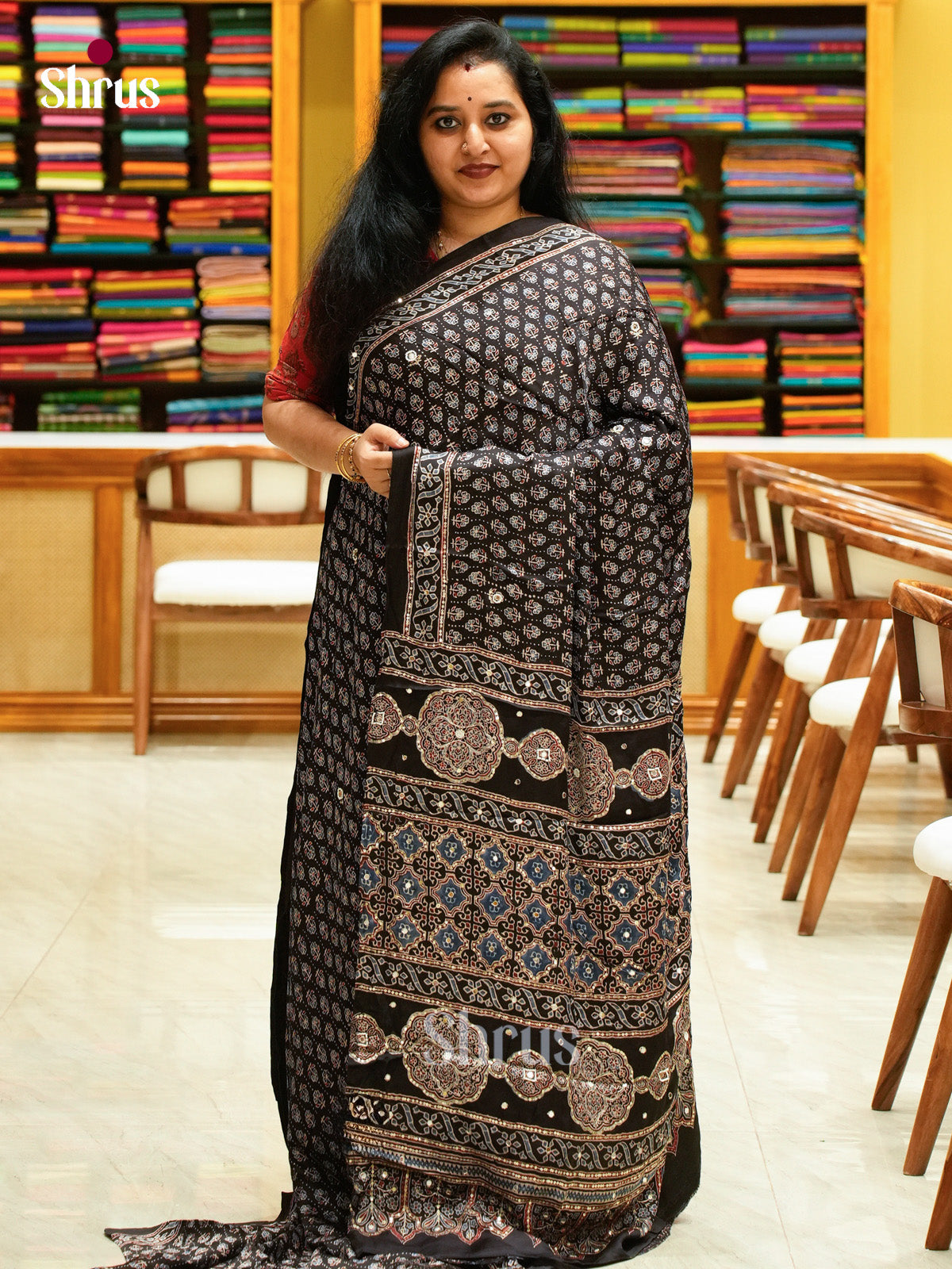 Black Modal Silk Saree — Ajrakh Hand Block Print — EGS01039