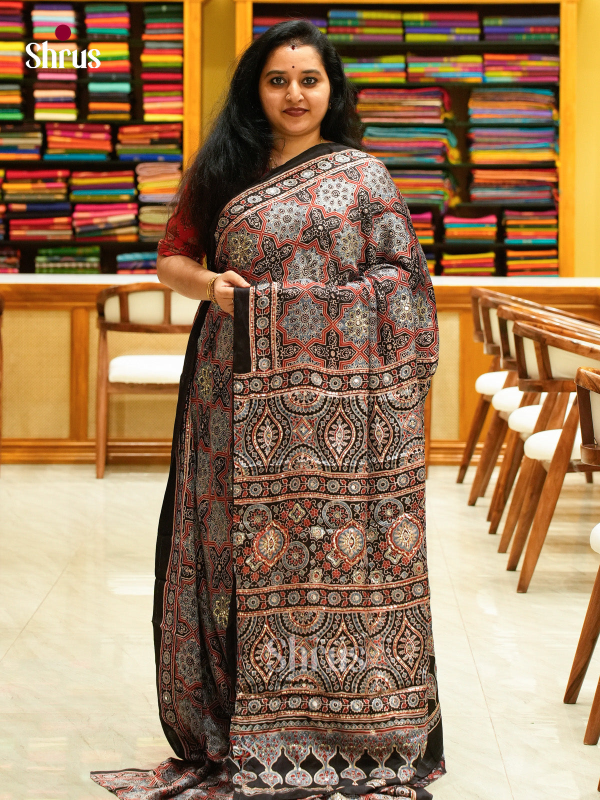 Black Modal Silk Saree — Ajrakh Hand Block Print — EGS01042