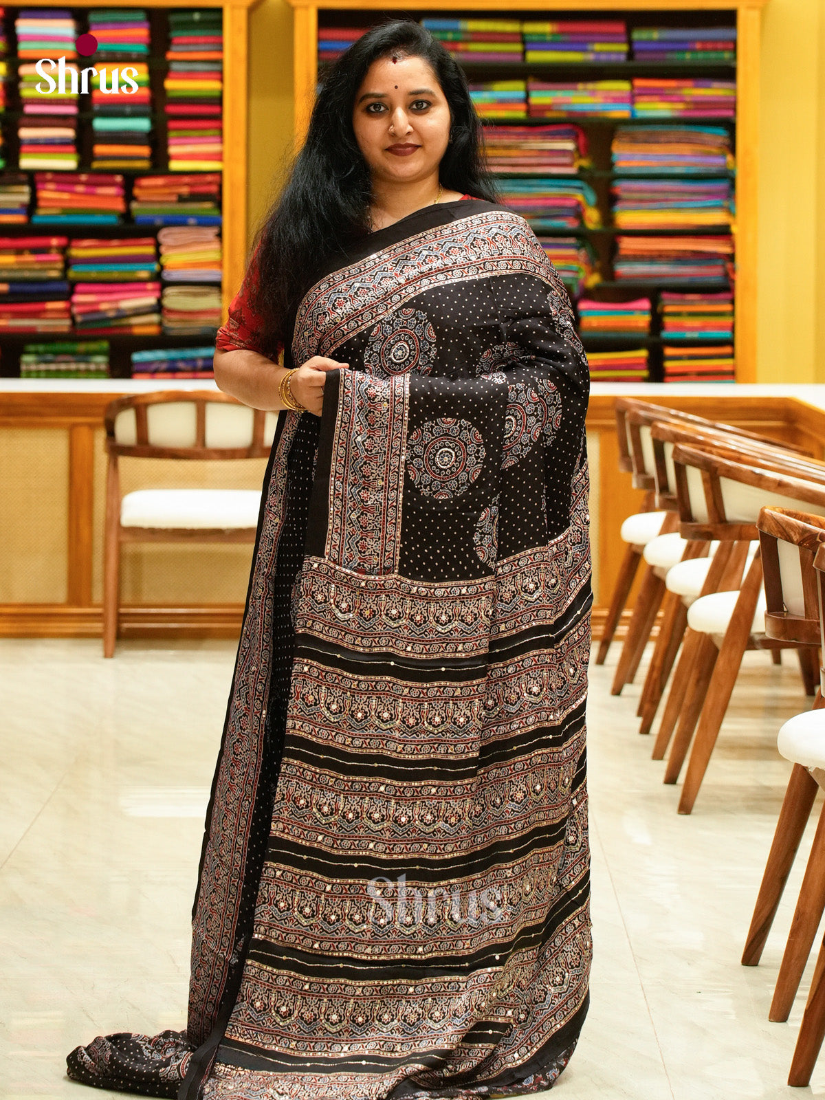 Black Modal Silk Saree — Ajrakh Hand Block Print — EGS01043