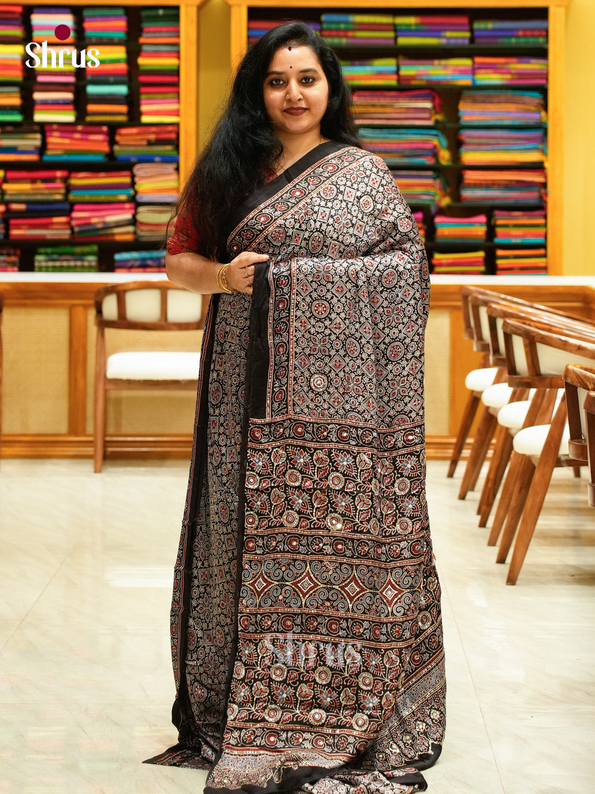 Black Modal Silk Saree — Ajrakh Hand Block Print — EGS01045 - Shop on Shrus.com