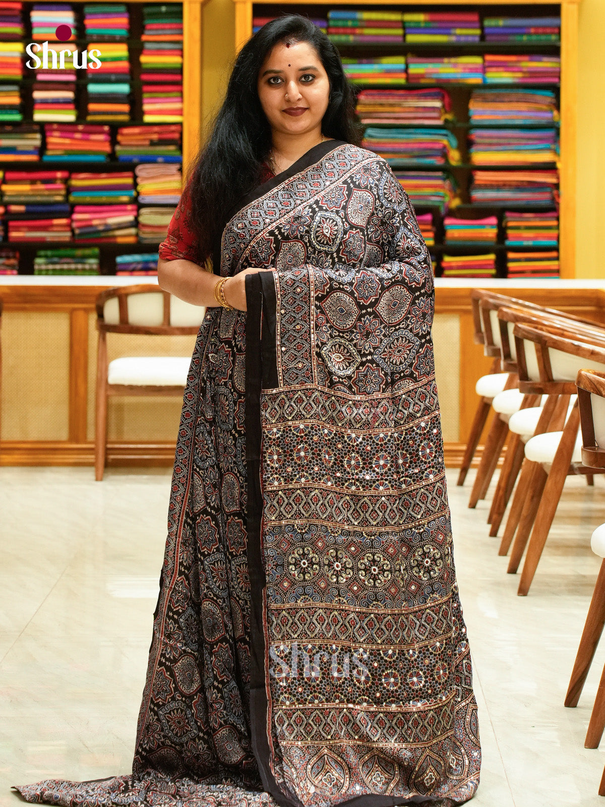 Black Modal Silk Saree — Ajrakh Hand Block Print — EGS01047 - Shop on Shrus.com
