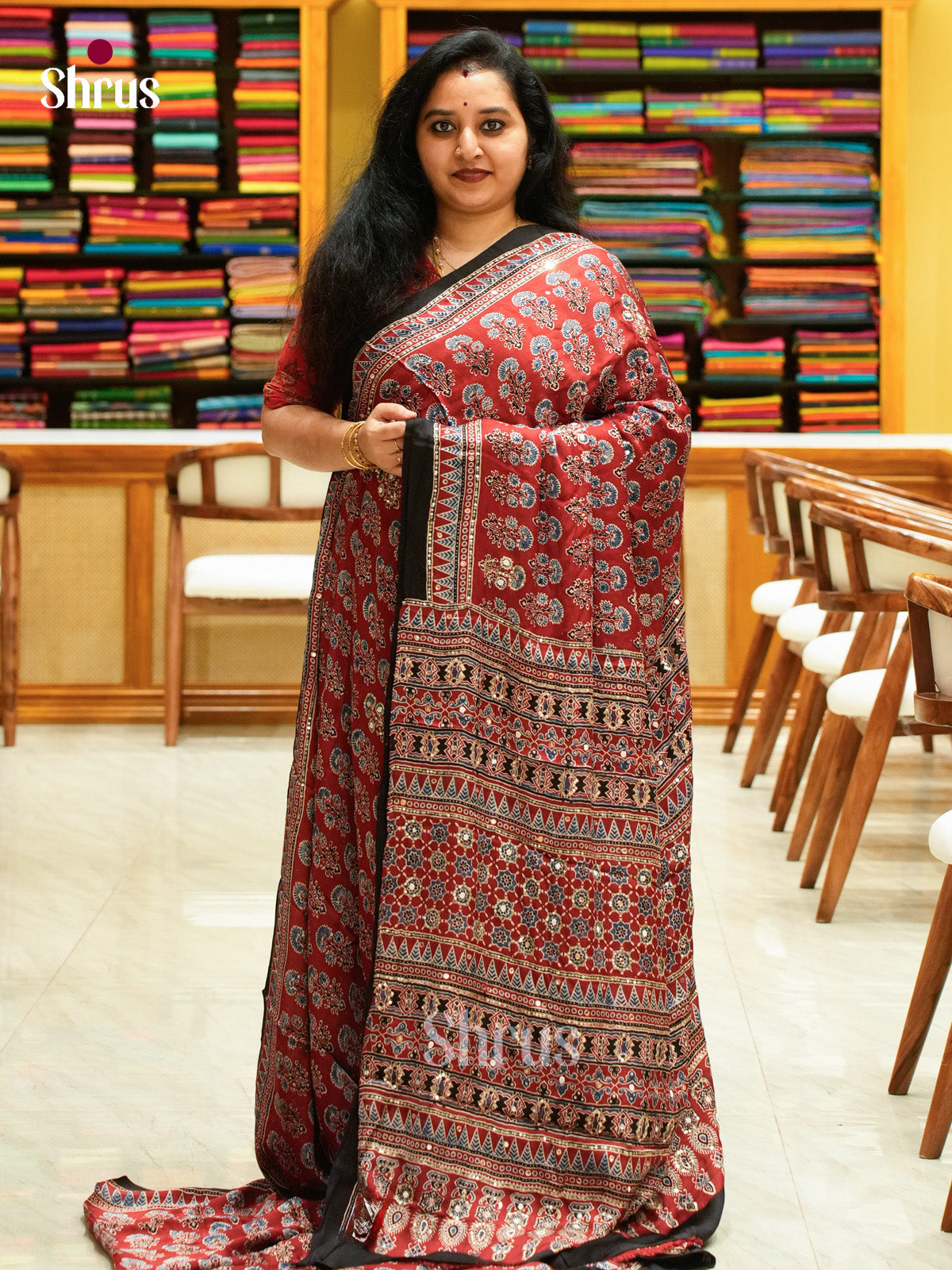 Maroon Modal Silk Saree — Ajrakh Hand Block Print