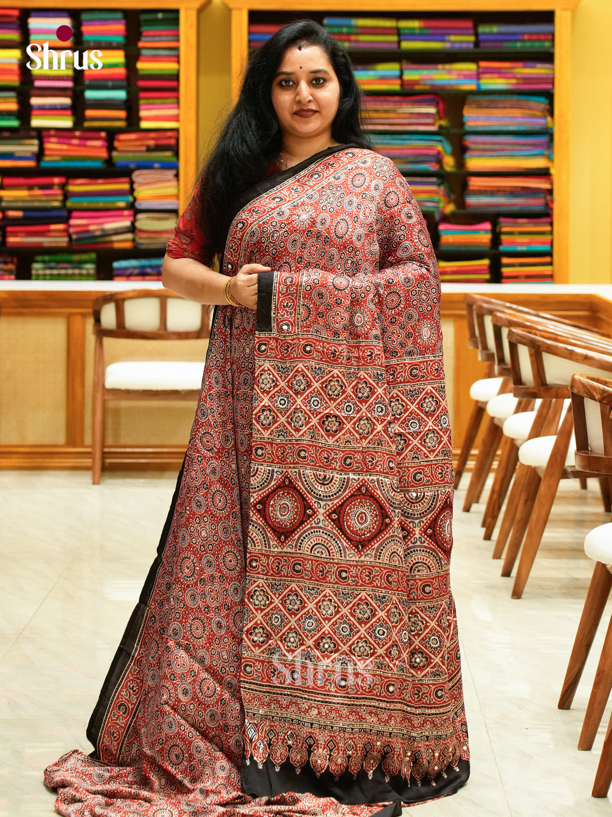 Red Modal Silk Saree — Ajrakh Hand Block Print — EGS01049