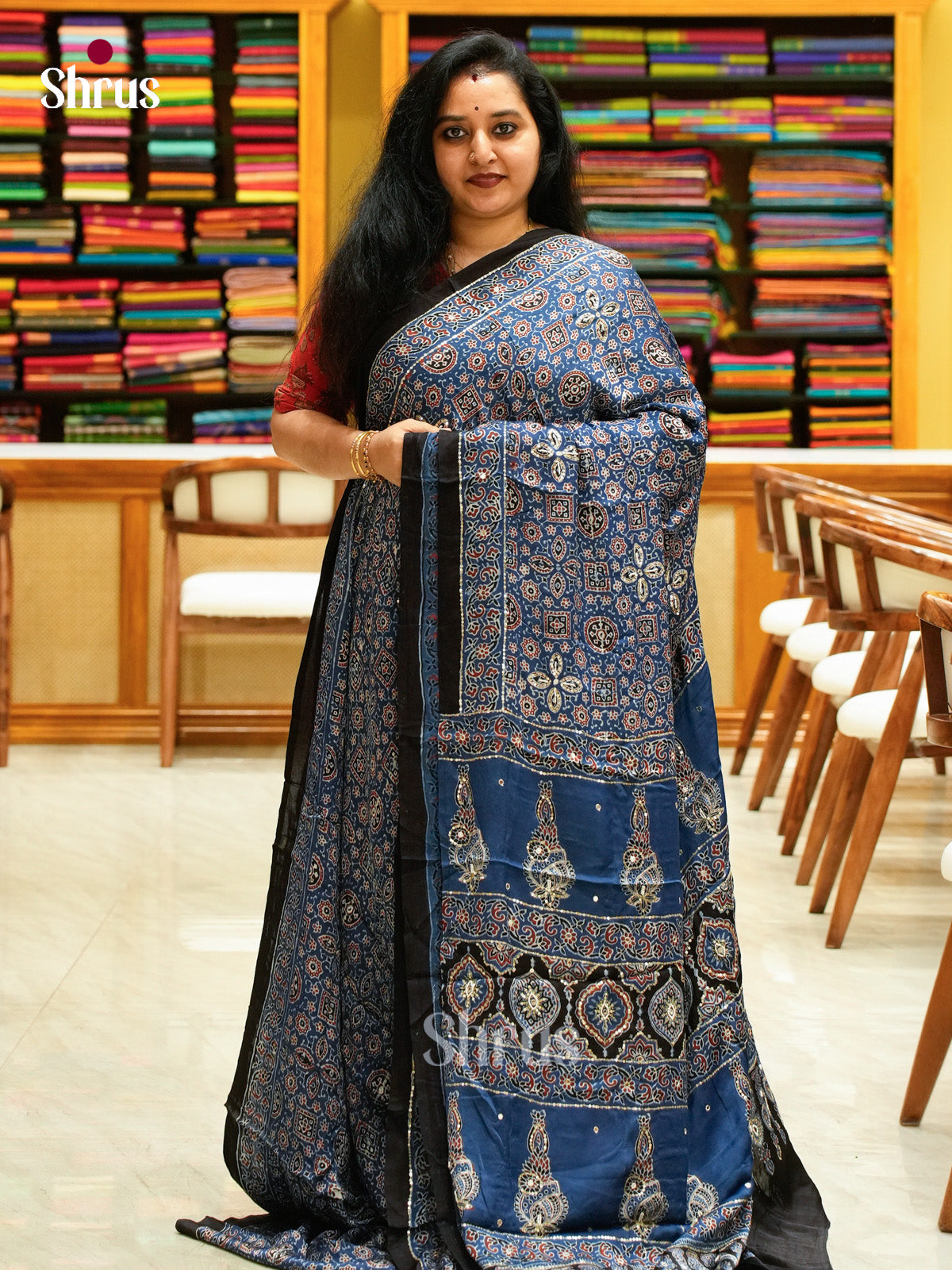 Blue Modal Silk Saree — Ajrakh Hand Block Print — EGS01050 - Shop on Shrus.com