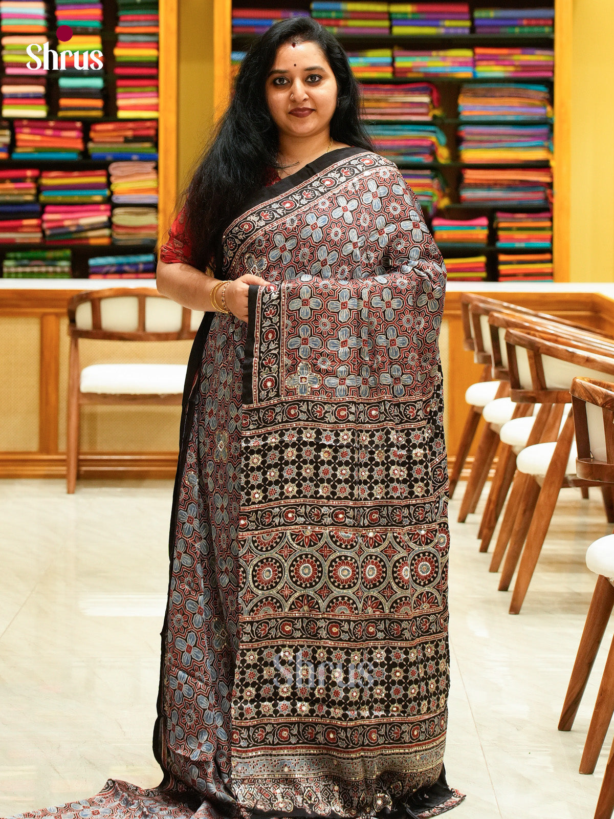 Black Modal Silk Saree — Ajrakh Hand Block Print — EGS01052