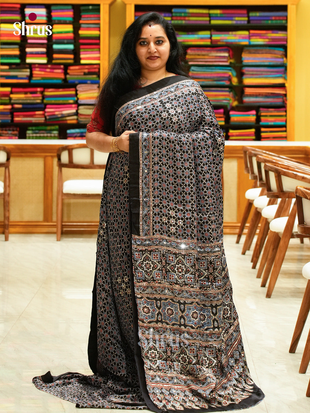 Black Modal Silk Saree — Ajrakh Hand Block Print — EGS01053