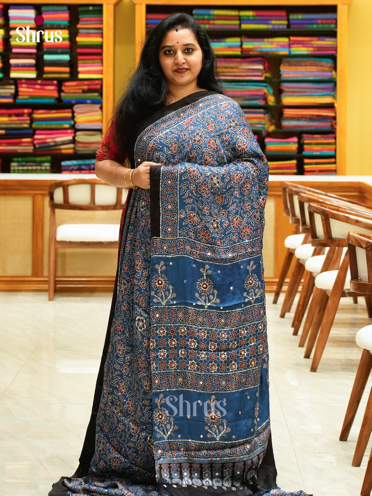 Blue Modal Silk Saree — Ajrakh Hand Block Print — EGS01054