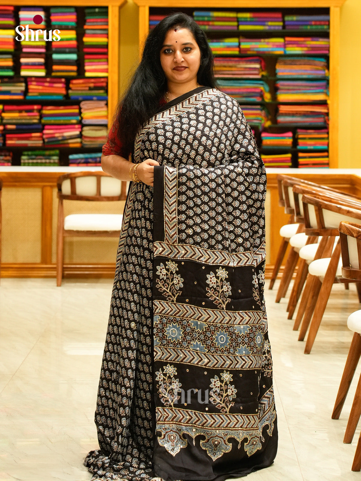 Black Modal Silk Saree — Ajrakh Hand Block Print — EGS01058 - Shop on Shrus.com