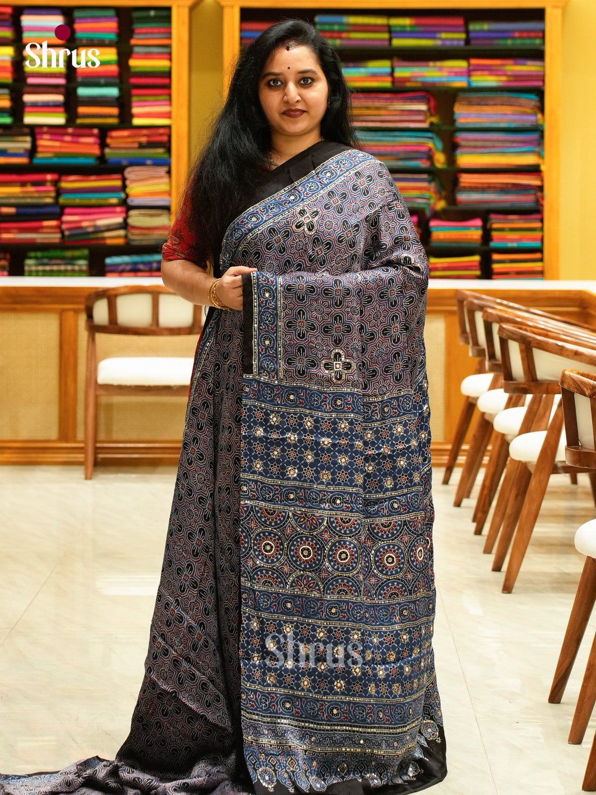 Black Modal Silk Saree — Ajrakh Hand Block Print — EGS01059