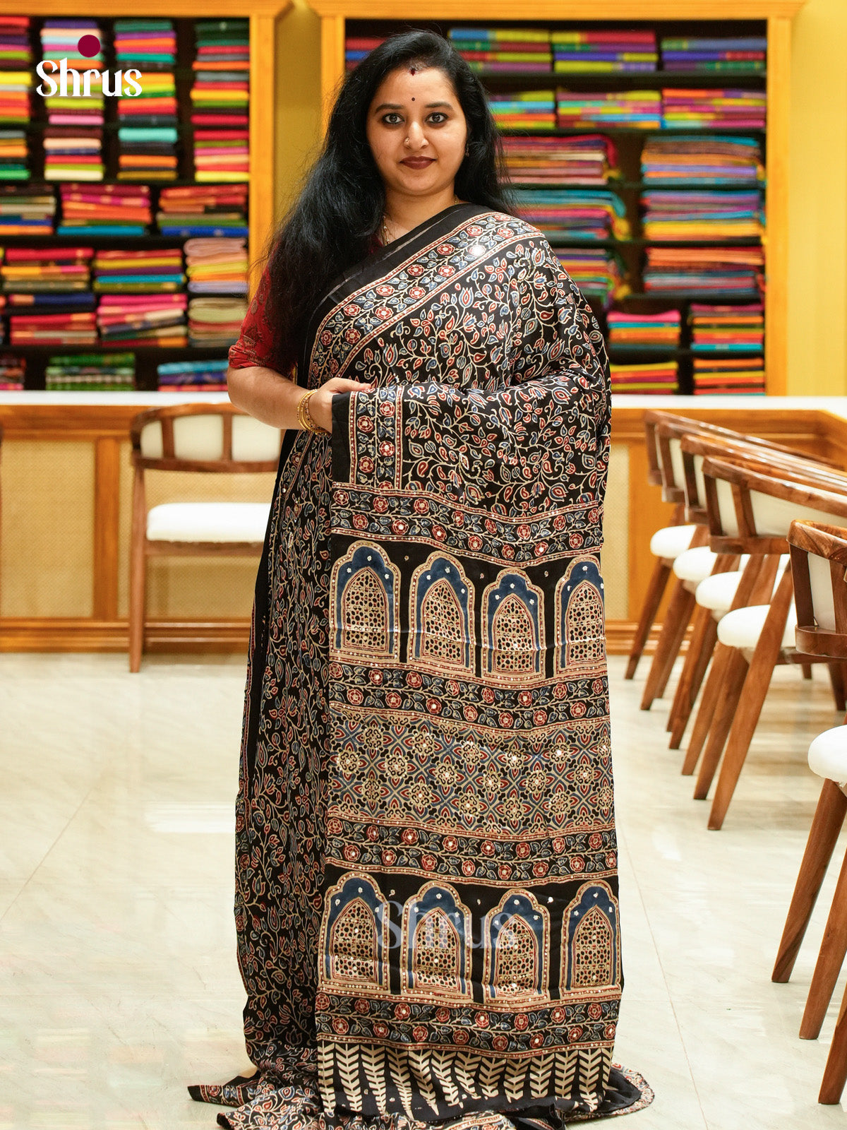 Black Modal Silk Saree — Ajrakh Hand Block Print — EGS01060 - Shop on Shrus.com