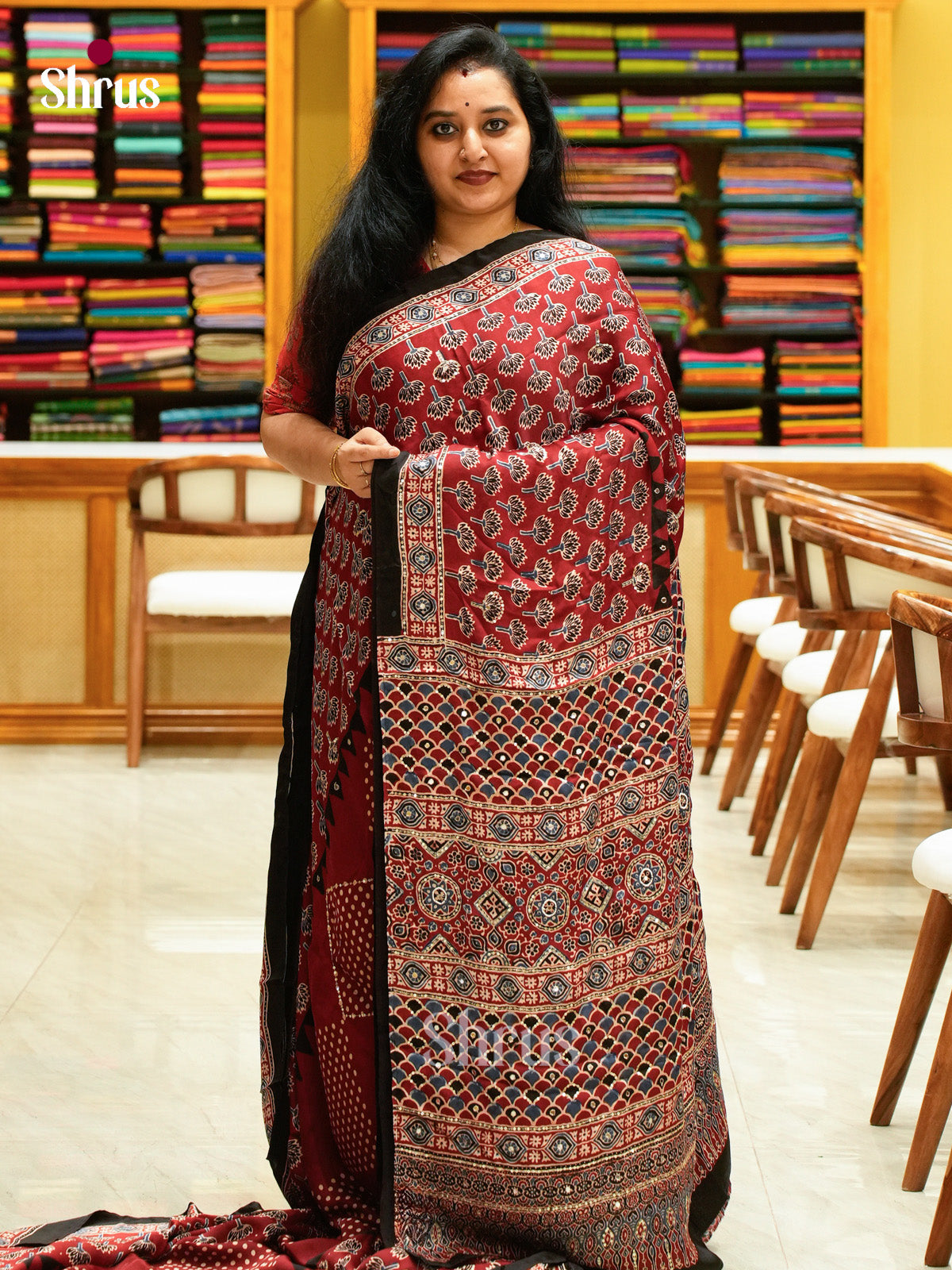 Maroon Modal Silk Saree — Ajrakh Hand Block Print — Gotta Patti Border - Shop on Shrus.com