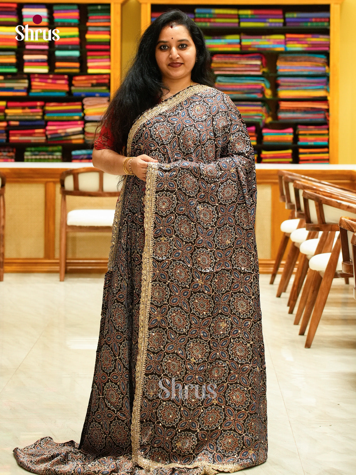 Black Modal Silk Saree — Ajrakh Hand Block Print - Shop on Shrus.com