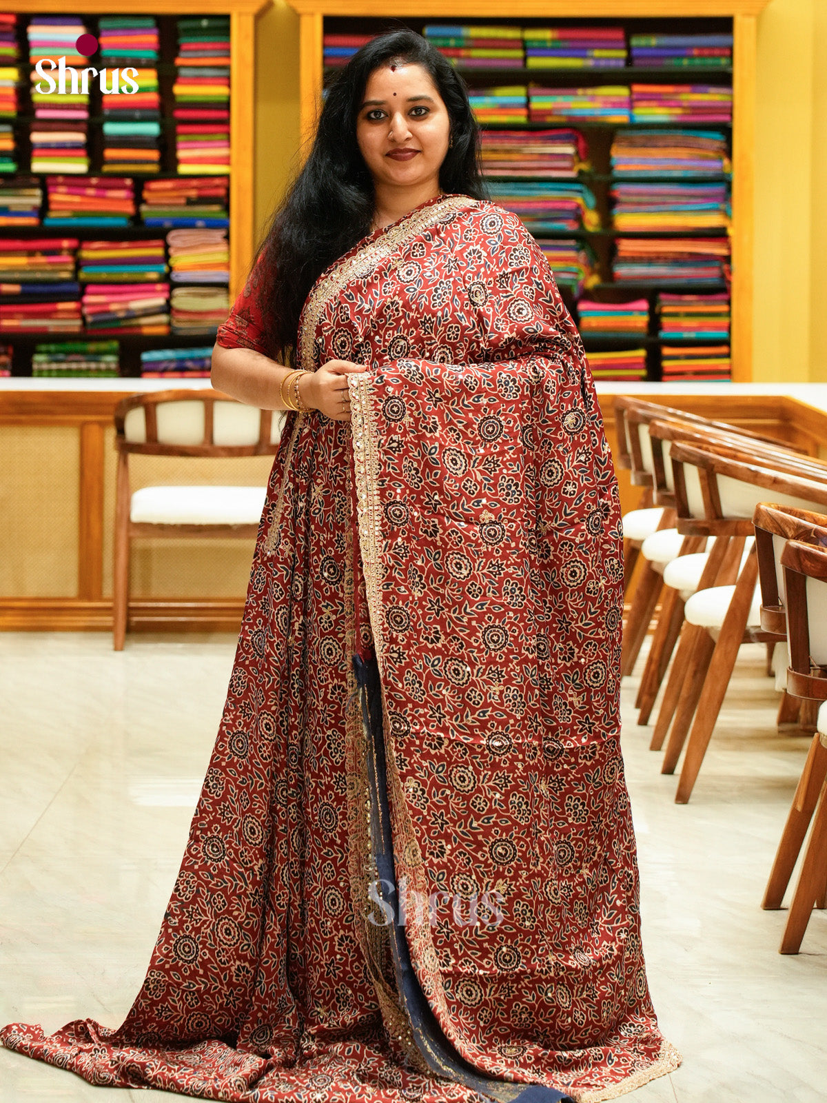 Red Modal Silk Saree — Ajrakh Hand Block Print — Gotta Patti Border