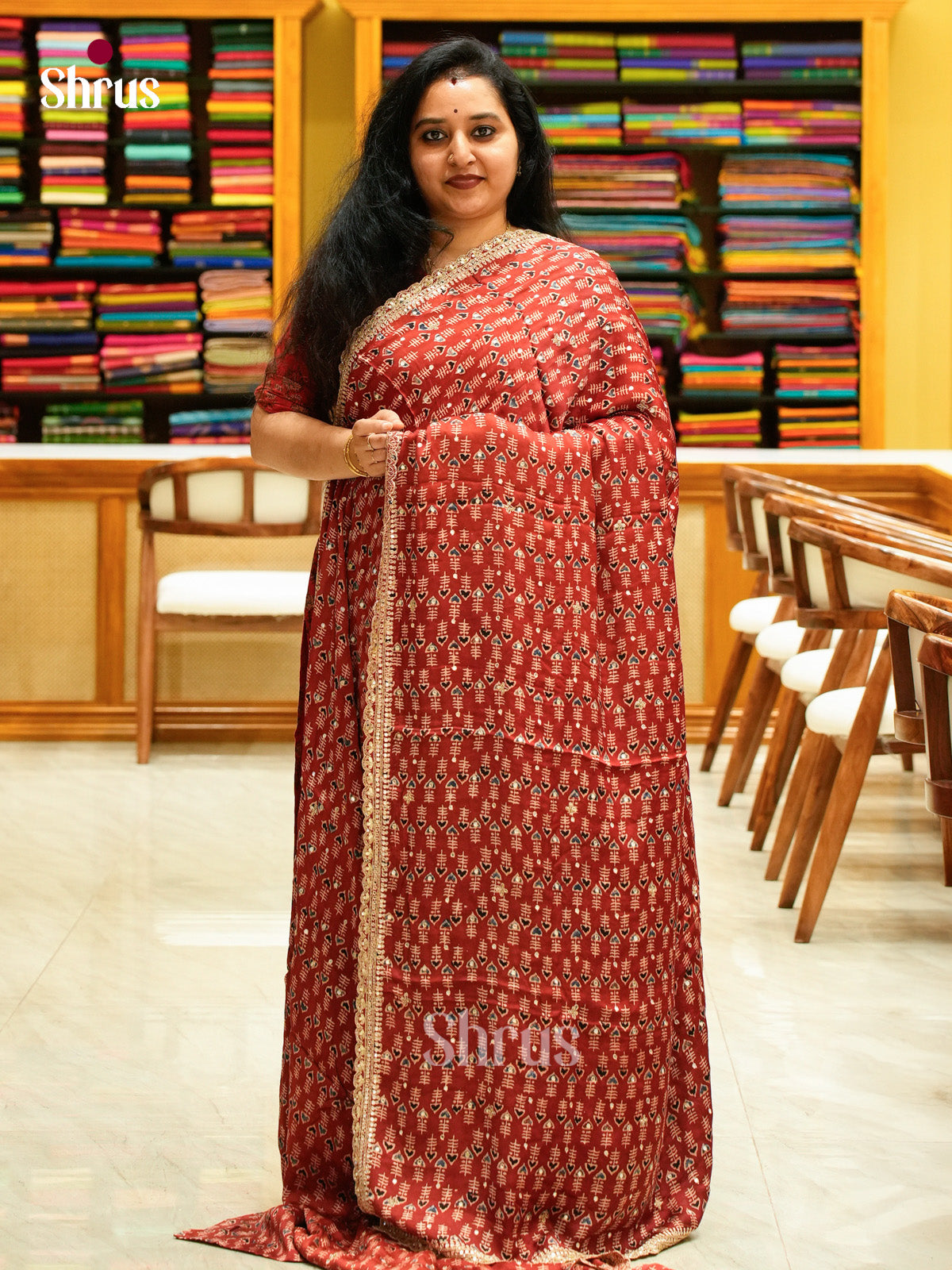 Red Modal Silk Saree — Ajrakh Hand Block Print