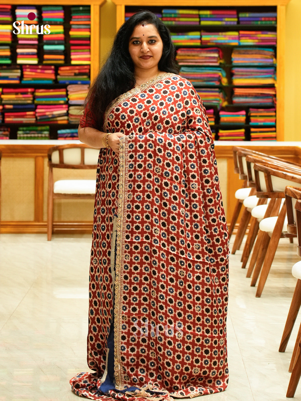 Red Modal Silk Saree — Ajrakh Hand Block Print — EGS01066 - Shop on Shrus.com