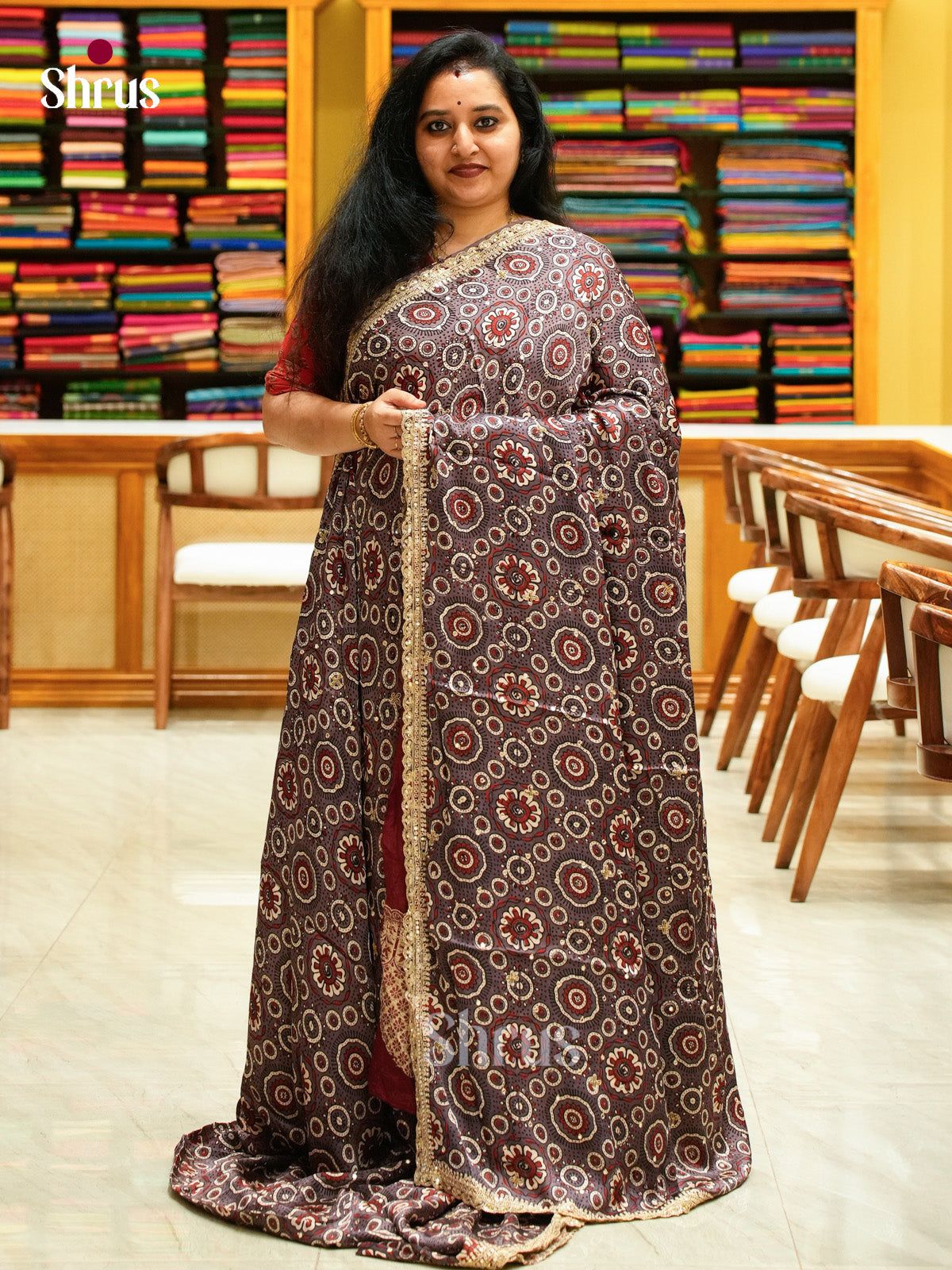 Grey Modal Silk Saree — Ajrakh Hand Block Print