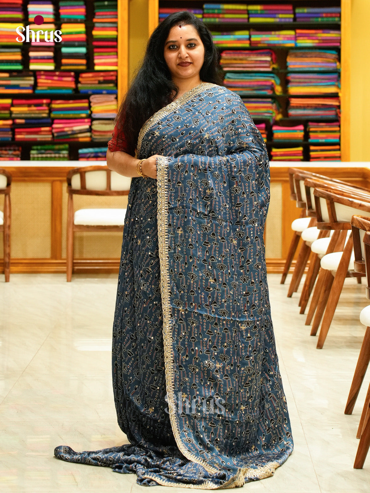 Blue Modal Silk Saree — Ajrakh Hand Block Print — EGS01070