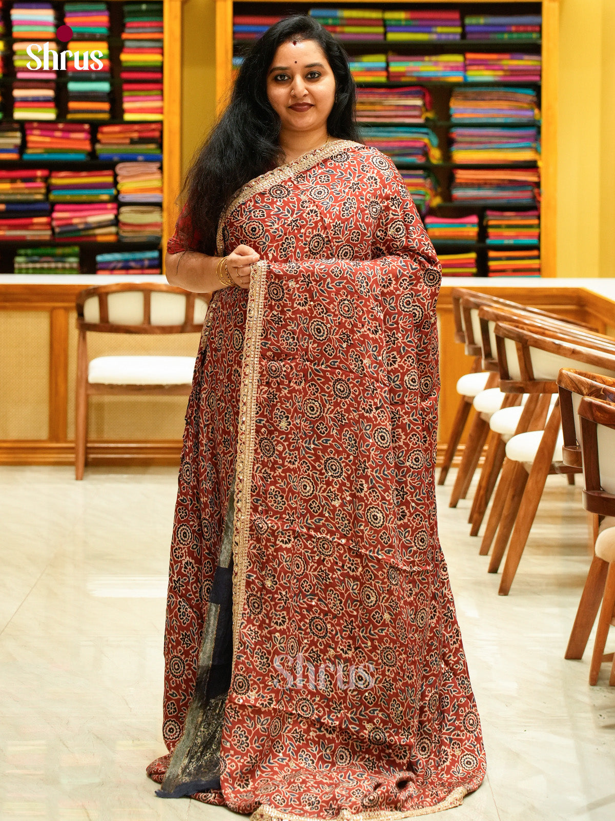 Red Modal Silk Saree — Ajrakh Hand Block Print — EGS01071 - Shop on Shrus.com