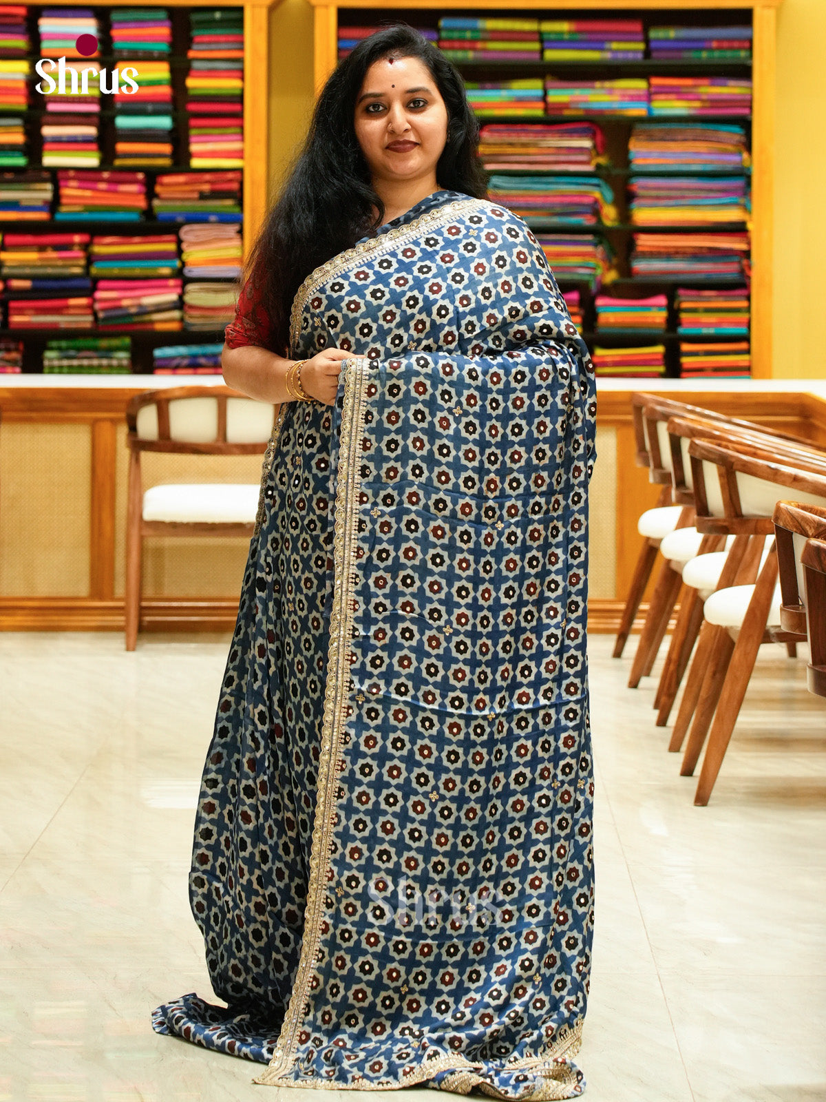 Blue Modal Silk Saree — Ajrakh Hand Block Print - Shop on Shrus.com