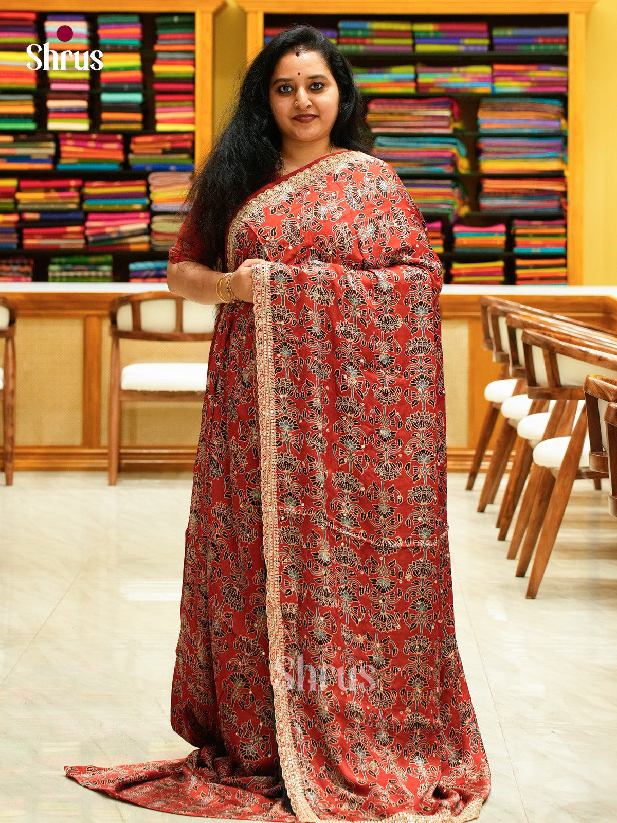 Red Modal Silk Saree — Ajrakh Hand Block Print — EGS01074