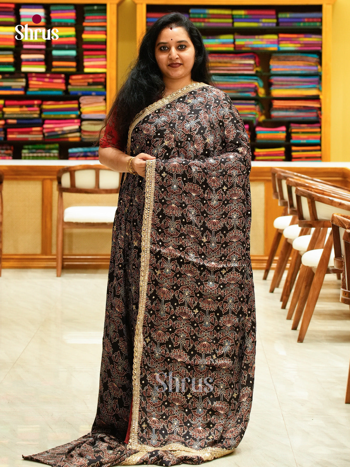 Black Modal Silk Saree — Ajrakh Hand Block Print — EGS01075