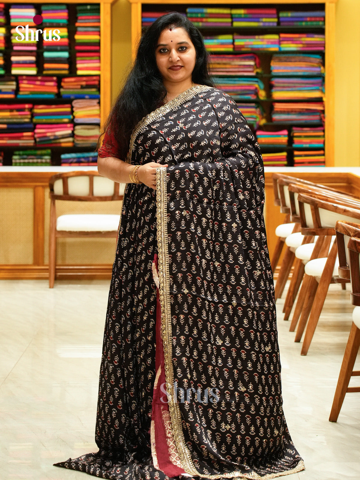 Black Modal Silk Saree — Ajrakh Hand Block Print — EGS01077