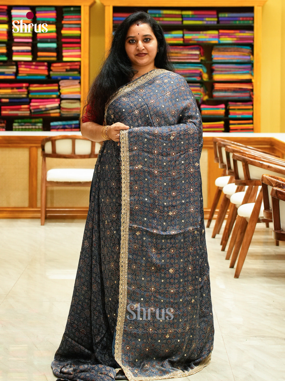 Blue Modal Silk Saree — Ajrakh Hand Block Print — EGS01080