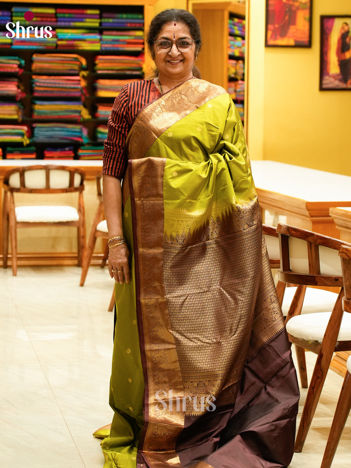 Olive Green Halfpure Kanchipuram Silk Saree with Floral Buttas | Dark Maroon Contrast Border