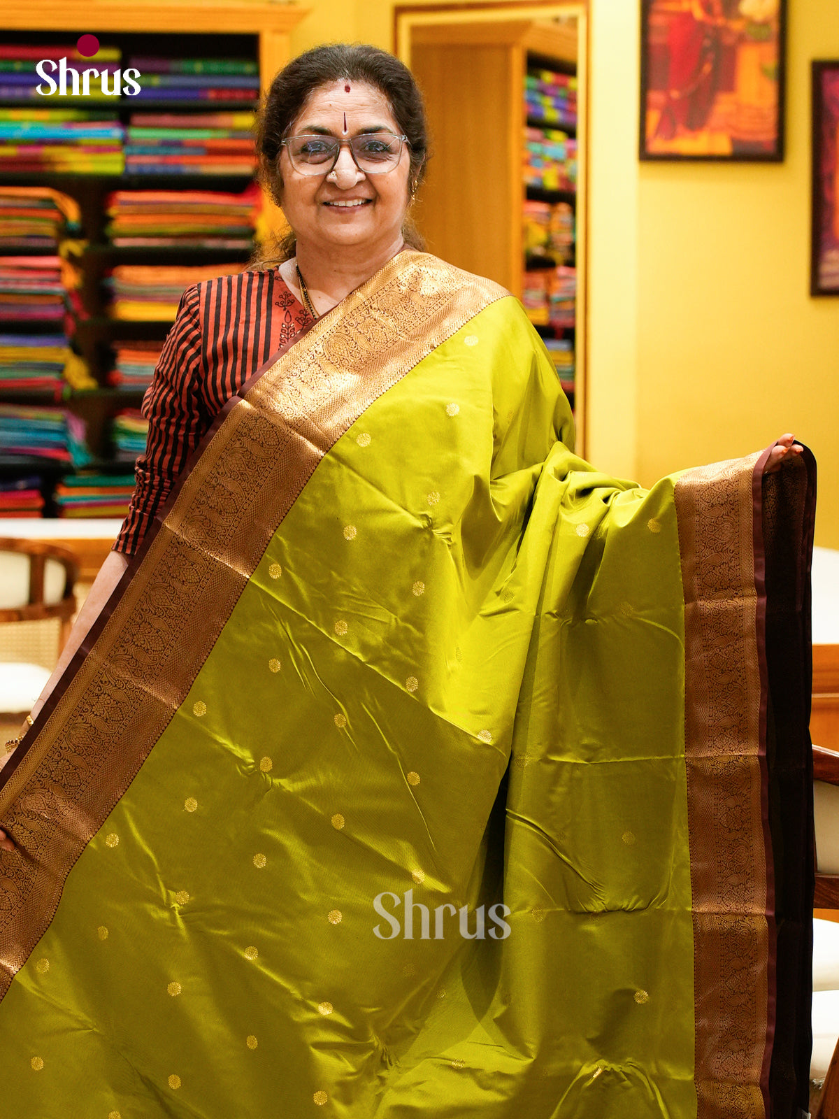Olive Green Halfpure Kanchipuram Silk Saree with Floral Buttas | Dark Maroon Contrast Border